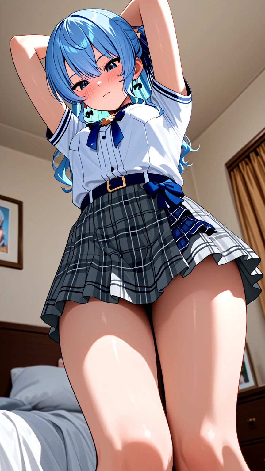 1 girl,high school girl,RAW photo,highcut underwear,Low - Angle(Angle where you can see inside the skirt:1.3),highest quality, masterpiece, ultra high resolution, brown skin(Very fine and beautiful skin),blonde, Black gal, From before(looking down at the camera:1.1),from below,highest quality,(masterpiece), (Highly detailed 8K wallpaper),Super detailed,cinematic lighting, detailed light, best shadow, dynamic angle(from below,From before),groin,Elaborate panties(high leg pants:1.1), big breasts, Whip thighs, mini skirt(pleated skirt),Indentation:1.1,school uniform,inside the classroom
