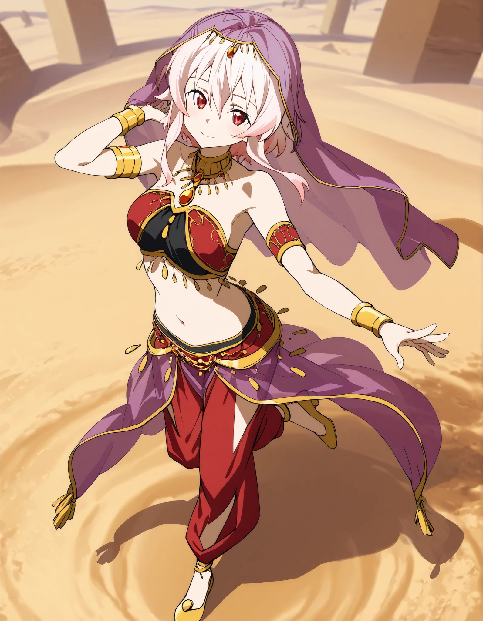 (1girl:1 . 5) , (Seul:1 . 5) , score_9 , score_8_haut , score_7_haut , source_anime , Official work  , ultra-detailed , masterpiece , best quality selfie snapshot , high resolution , beaux yeux , detailed eyes , detailed face , beautiful detailed eyes ,Sword art Online, Strea,Arabian Clothes , Arabian Dancer ,belly dancer costume ,full body,golden jewelery,armlet, belly dancing,,desert lands,seductive smile, dancing with veil, dynamic movement,dance posture, seductive pose