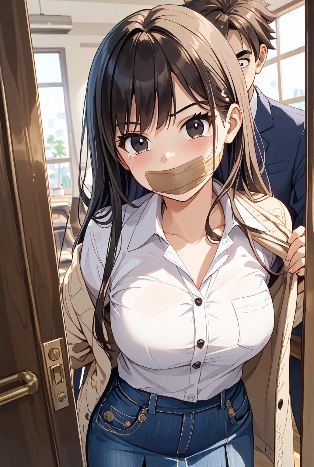 train、A man molesting a high school girl、Hands restrained behind your back、Cover your mouth、The bra is visible、Crying face、Wet 、Take off the skirt