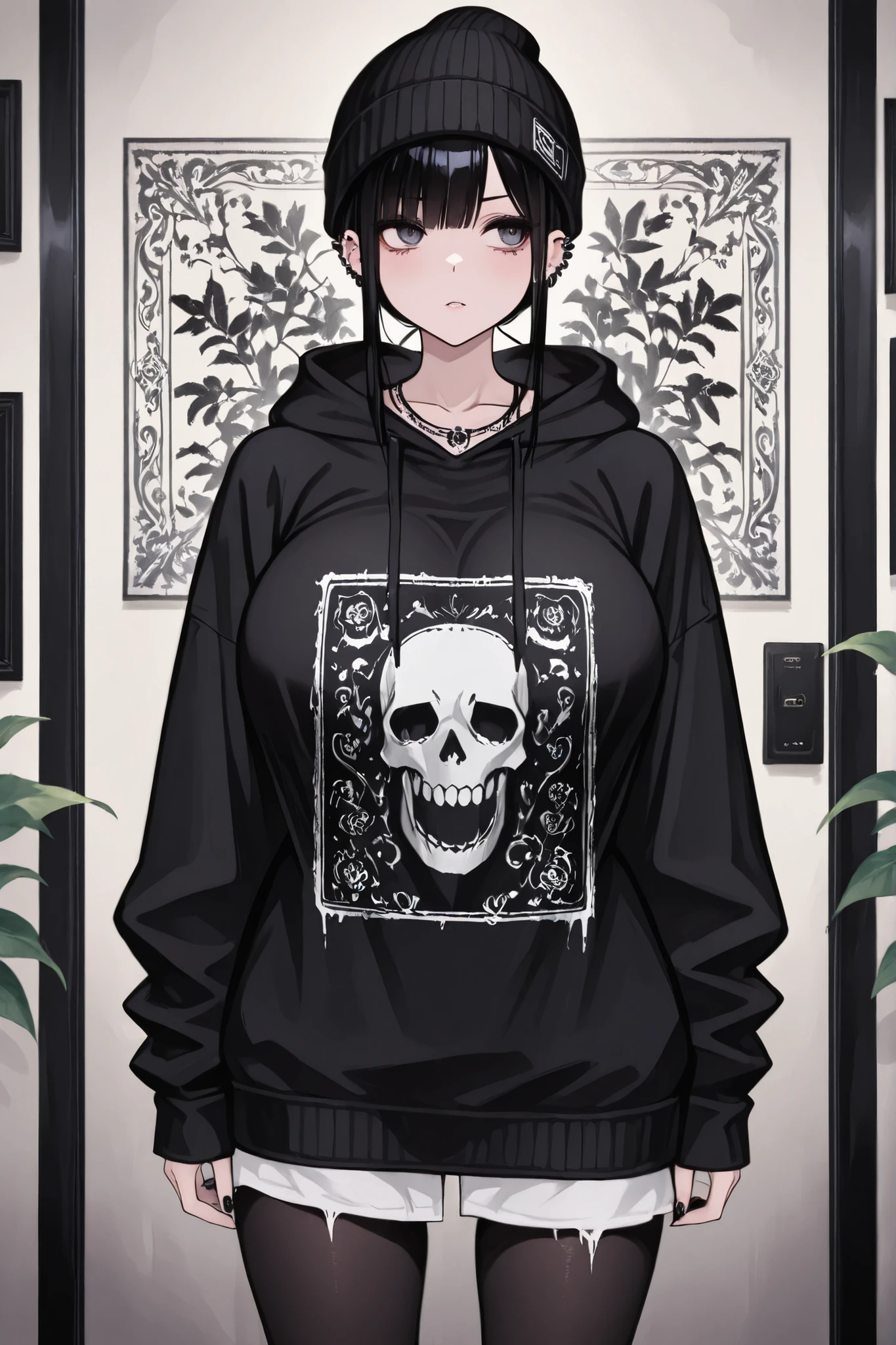 (()) 1girl, female focus, gothic female, black hair, piercings, beanie, masterpiece, best quality,absurdres , digital art style, drawn aesthetic, concept painting, ultrahigh definition,masterpiece, best quality, amazing quality, newest, very aesthetic,