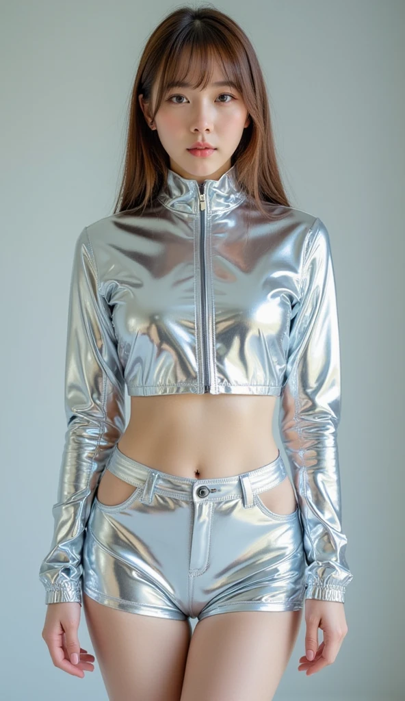 “Generate an HD Ultra Realistic image of Young Attractive Asian Woman Sophie Tan in a Y2K-themed fashion editorial. Sophie is wearing a shiny silver bandeau top and high-waisted pleather pants with a neon pink belt, accessorized with chunky platform boots and a neon green fanny pack. She is posed against a backdrop of a retro-futuristic car showroom with neon lights and holographic displays. Use a professional camera with an 85mm lens to focus on Sophie’s confident pose and the reflective textures of her outfit (1.3). The car showroom setting should be artistically blurred to direct attention to Sophie, with post-production enhancing the neon lights and adding a glossy finish for a futuristic Y2K aesthetic (1.4).”