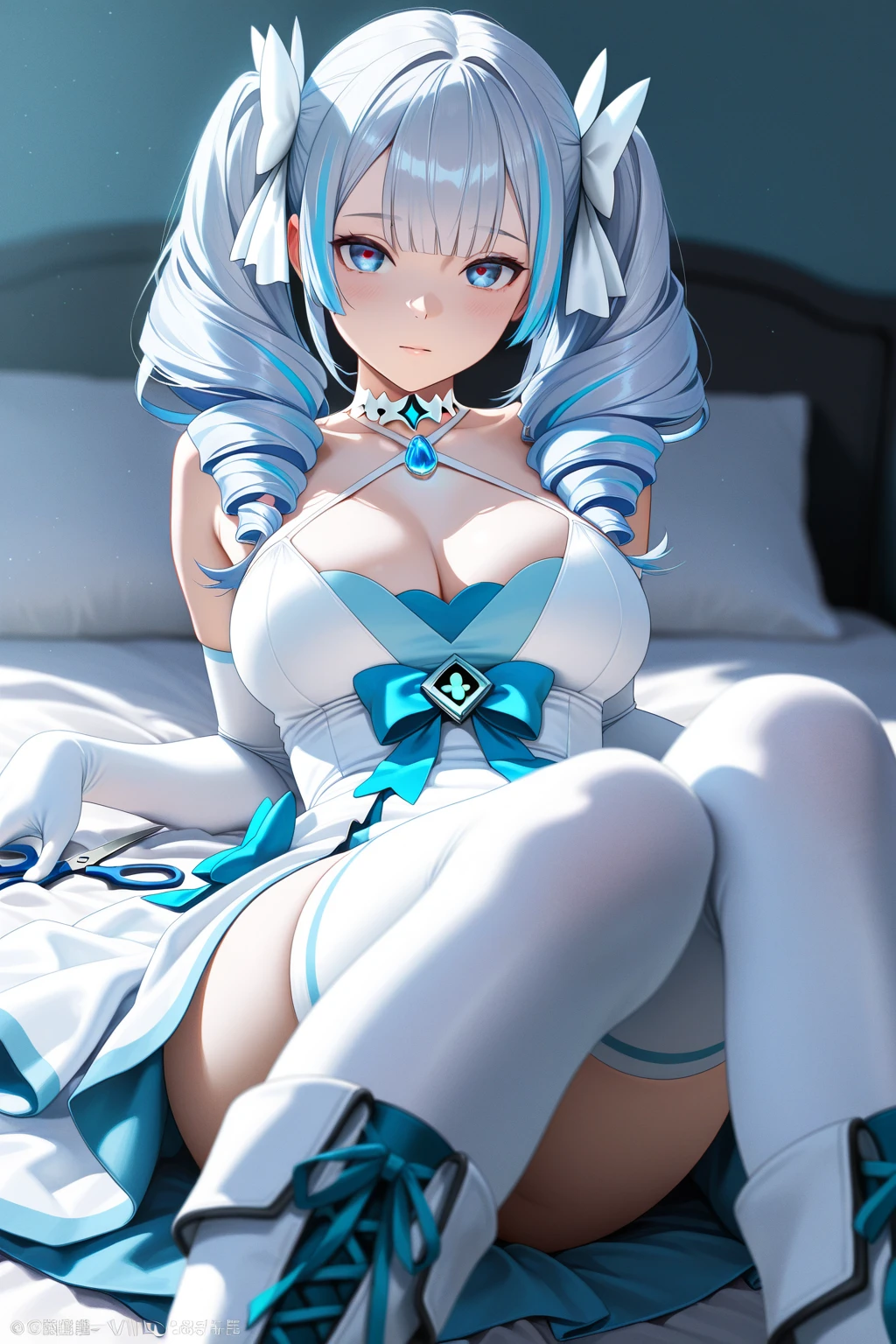 Adult woman, Long white hair, blue eyes, blue and white tight dress, Undress, open breasts, , Smile, Masterpiece, hiquality, in the bed, ((bed)), beatiful feet, blue high heels, ((high heels)), sexy ass , laying on her back , white stockings , ((stockings)) , bare ass , smooth skin , sexy smile , waiting for me