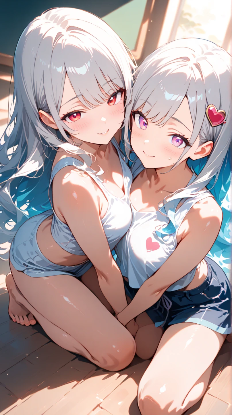 front view,2girl,Beautiful girls aged 13 and 13,two people standing side by side,Japanese,Small and slim,Flat Chest,Small breasts,Baby Face,Small face,Row Twin Tails,Black eyes,Drooping eyes,middle School girls,Micro Bikini,open mouth,tongue out,front face,Kneeling and sitting,Beautiful and detailed anime art,Mischievous smile,front view,high angle, looking at viewer, looking ahead, from above,face focus,Sexy vibe,cum on tongue,Dimly lit room,On the bed