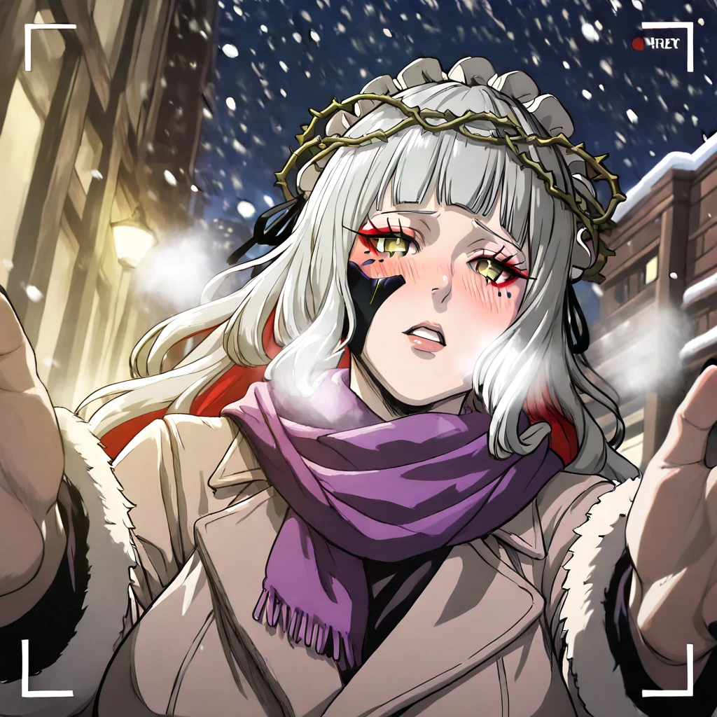 TheDeail, (mo_(kireinamo)-style:1.2), (cirenk-style:1.4), (jeneral-style:1.2), (cis05-style:1.5), ((anatomical correct)), ((Cinematic, unreal engine, eye-catching, ambient occlusion, UHD, masterpiece)), ((perfect lighting, soft shadow)), perfect body, perfect eyes, perfect fingers, gasping, heavy breathing, gasping profusely, ((skindentation)), ((curvy)), ode to joy, very long hair, grey hair, wavy hair, colored inner hair, red inner hair, headdress, crown of thorns, blunt bangs, red eyeshadow, long eyelashes, yellow eyes, mark under eye, broken mask, face jewel, purple jewel, black nails, (voluptuous:1.5), (mature female:1.5), plump, (steaming body:1.5), 1girl, blush, scarf, looking_at_viewer, breath, solo, coat, night, embarrassed, fur_trim, snowing, winter_clothes, fur-trimmed_coat, outdoors, pov, jacket, city, cold, motion blur, viewfinder, embers,