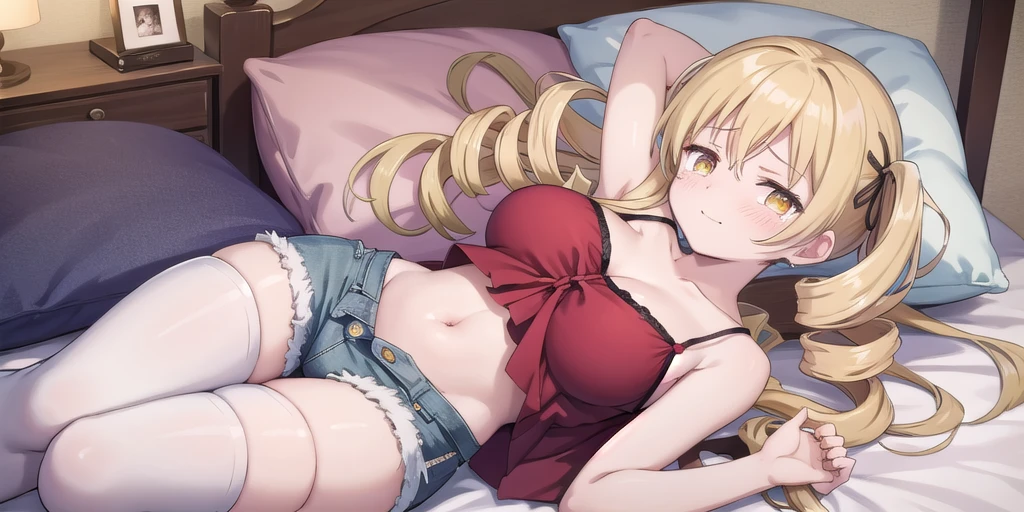 a blond、red eyes、Beautiful girl alone、独奏、animesque、Camisole、a bed