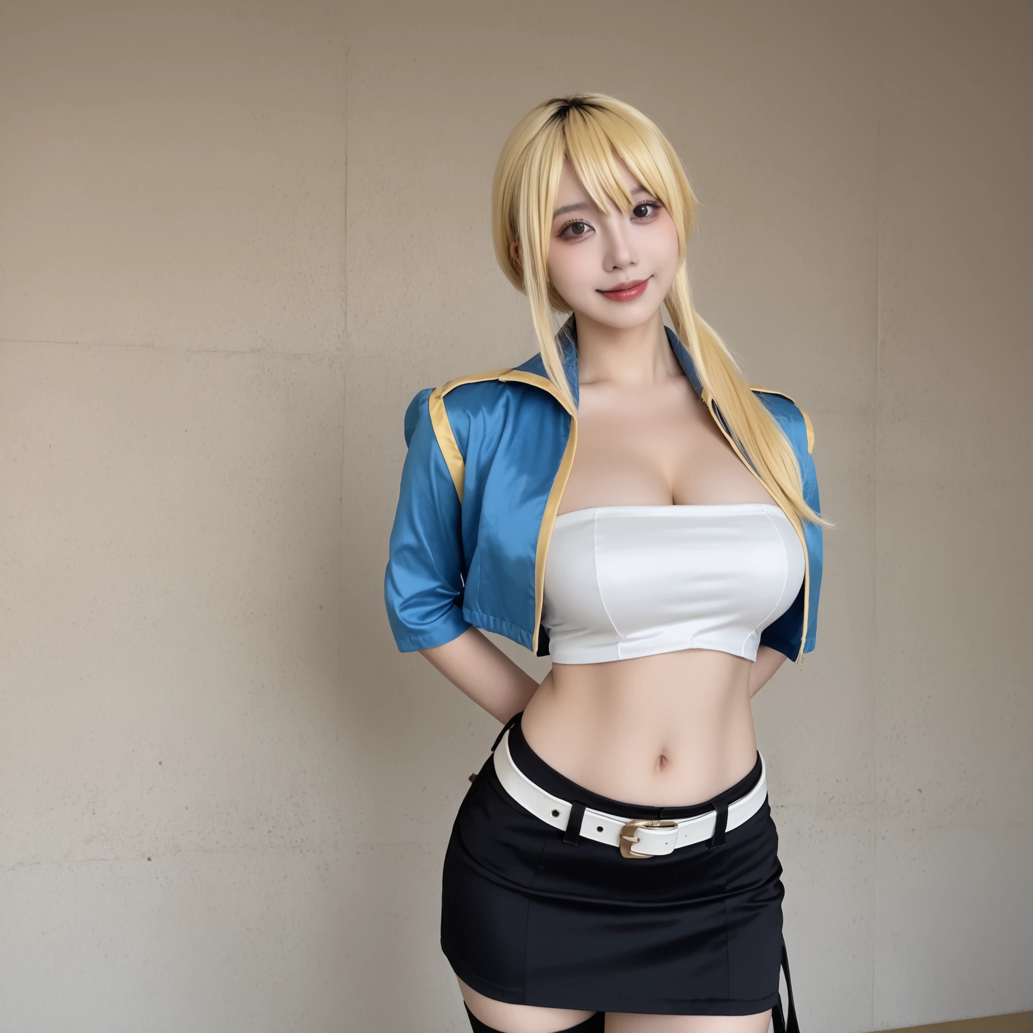 score_9, score_8_acima, score_7_acima, score_6_acima, score_5_acima, score_4_acima, fonte_desenho animado, quebrar (obra-prima, melhor qualidade, altamente detalhado, cowboy shot, detailed history, beautiful large breasts, rosto bonito, face perfeita, olhos perfeitos, olhos claros, (relaxado, candid, pose natural)), quebrar, lucy heartfilia, cabelo loiro, baixos rabos duplos, olhos castanhos, white top with straps , blue sleeveless cropped jacket, mangas azuis soltas, Cinto branco largo, saia curta preta, meias pretas altas, sorriso,