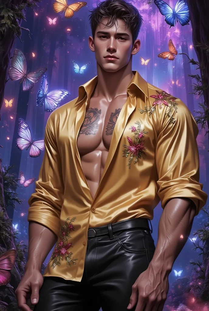 (8K, RAW photo, Highest quality) masterpiece, 1 young boy, 18 years old, Asian muscular man Look at viewer, standing forward, showing his huge muscular breasts, puffy nipples, sexy six packs, narrow waist, Handsome, Topless, Thick body hair, man wearing only micro Loincloth, butterflies on his body, butterflies flying through the air, gradient background, Sparkle & Sequin Backdrops , cinematic lighting, UHD