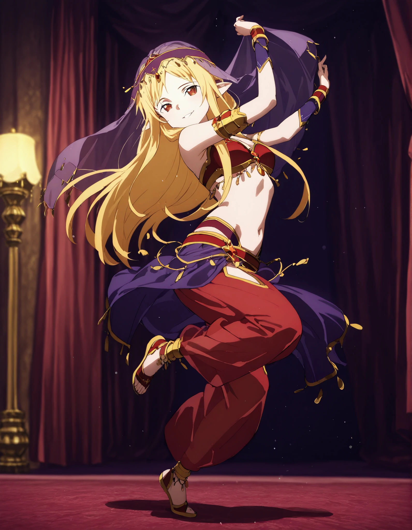 (1girl:1 . 5) , (Seul:1 . 5) , score_9 , score_8_haut , score_7_haut , source_anime , Official work  , ultra-detailed , masterpiece , best quality selfie snapshot , high resolution , beaux yeux , detailed eyes , detailed face , beautiful detailed eyes ,Sword art Online, Alice,Arabian Clothes , Arabian Dancer ,belly dancer costume ,full body,golden jewelery,armlet, belly dancing,arabian theater,seductive smile, dancing with veil, dynamic movement,dance posture, seductive pose