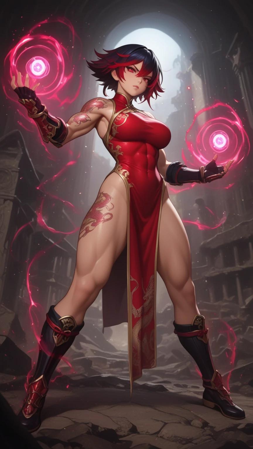 (masterpiece:1.2), (best quality:1.2) (detailed) (intricate) (8k) (HDR)
azula,
(dynamic  pose:1.4), skin pores, detailed skin, (legs apart), pussy, (crotchless pants:1.4), crotchless, (pussy:1.5), wide hips, thick thighs, huge breasts, (full body:1.4), whole body,
chinese temple, fire
<lora:CrotchlessPants:1>, <lora:Azula:0.7>,