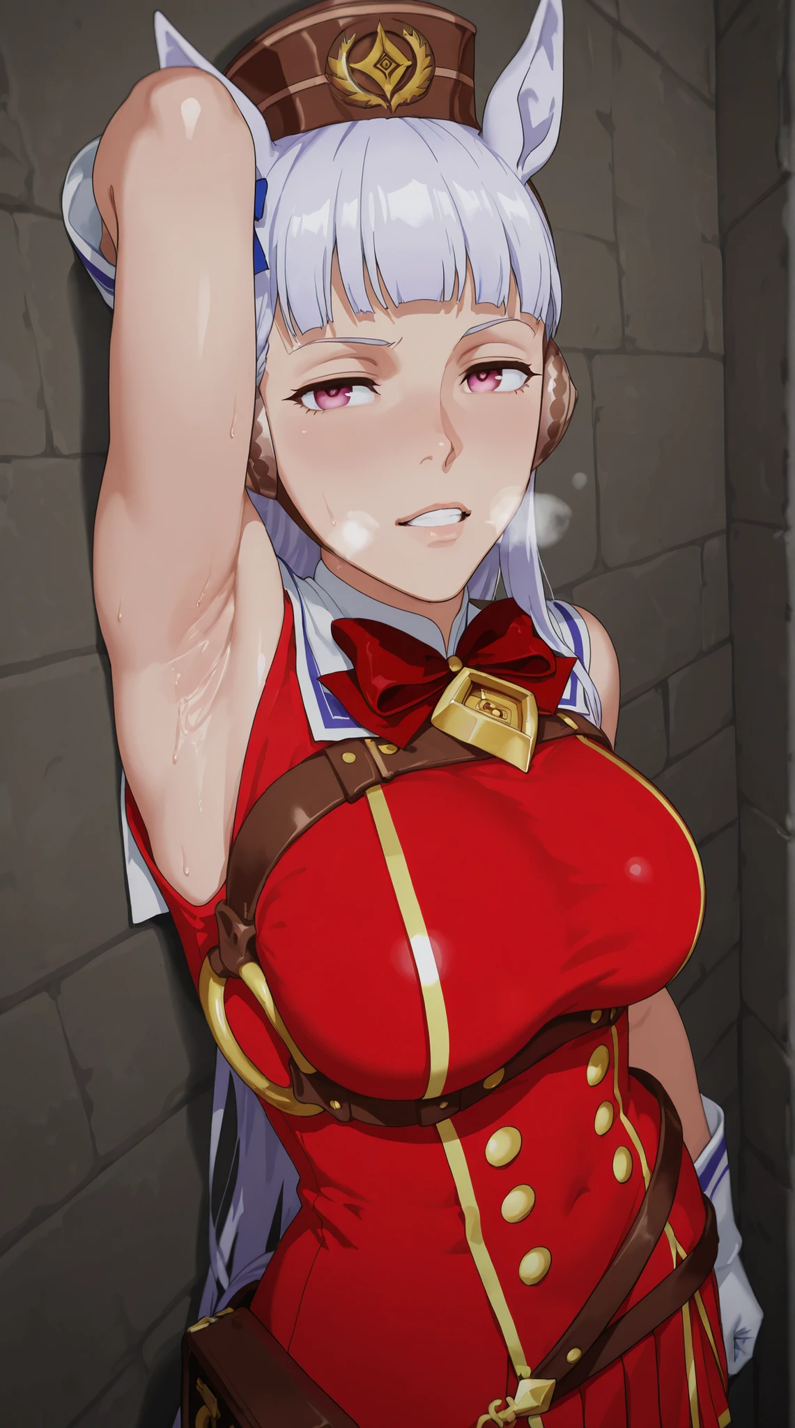 anime - style image of a woman in a red dress leaning to the back alley's wall, goldship under clothes!,umma musume style, from the umma musume videogame, goldship, nsfw version, (nsfw) not safe for work, armpit, 2 d rendered, ultrarealistic shaded, high detailed image, armpit showoff, horse ears, long hair, animal ears, horse girl, 1girl, solo, bangs, goldshiptracenuniform, long sleeves, pleated skirt, heavy breathing, gloomy look
