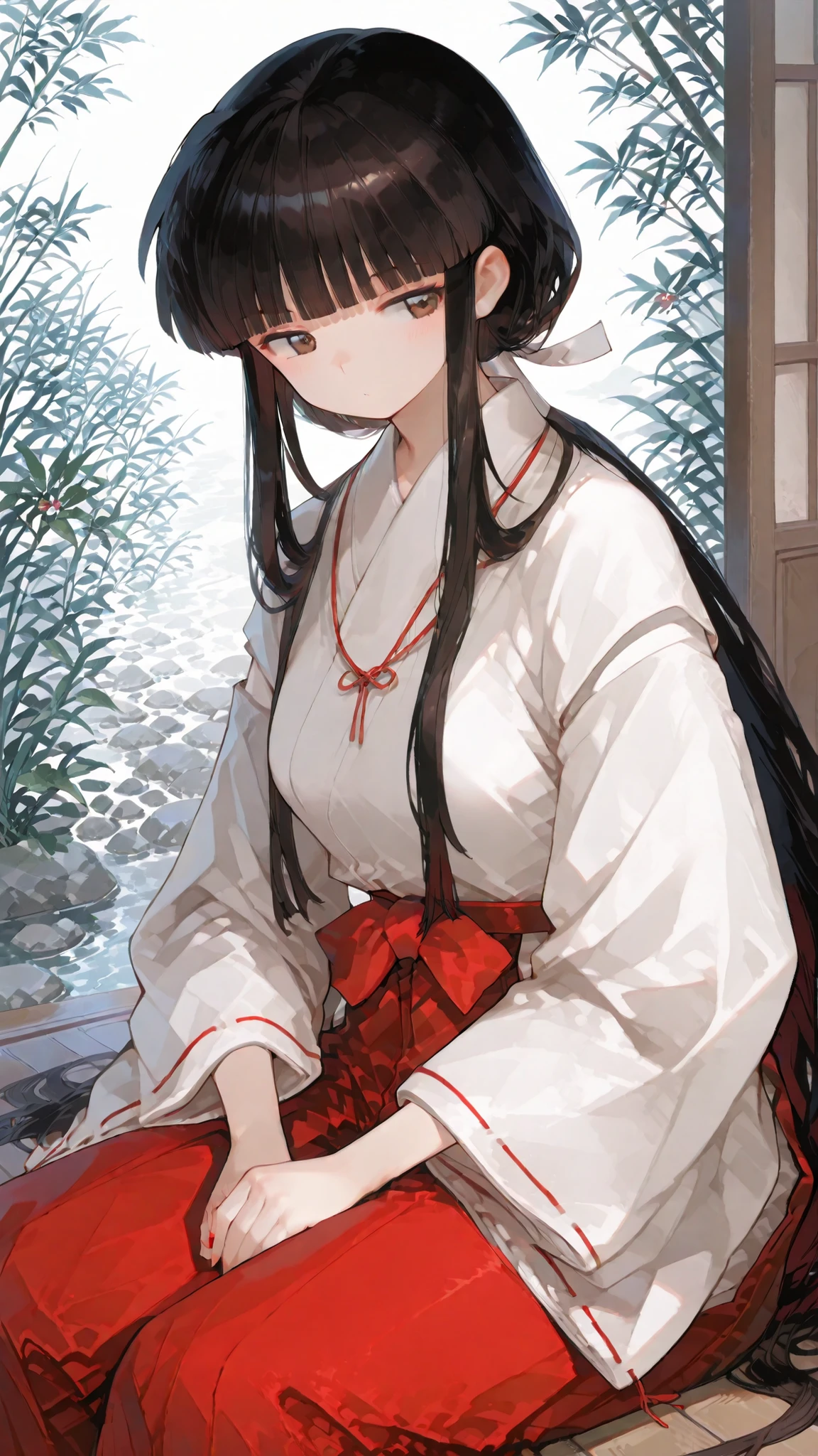 miko, wide sleeves, long sleeves, red hakama, japanese clothes,,very long hair, blunt bangs, sidelocks, hime cut,,hair ribbon, long hair, blunt bangs, sidelocks, low ponytail,,kikyoinu, black hair, brown eyes,,,,杰出作品，略微逼真， 质量极佳， 非常美丽， 超高分辨率， 高分辨率，动漫风格，腹股沟， 脚趾， 张开腿， 深蹲。，胸围大，腰短，臀部宽，大腿粗壮。乳头处贴着穿可贴，阴唇处贴着创可贴，黑色狗狗纹身{大腿内侧}，裸露的脖子，宝石红色的紧身领，黑色张开的手指，蕾丝手套，黑色大腿袜，微笑。胸部、微笑、随机动态姿势。