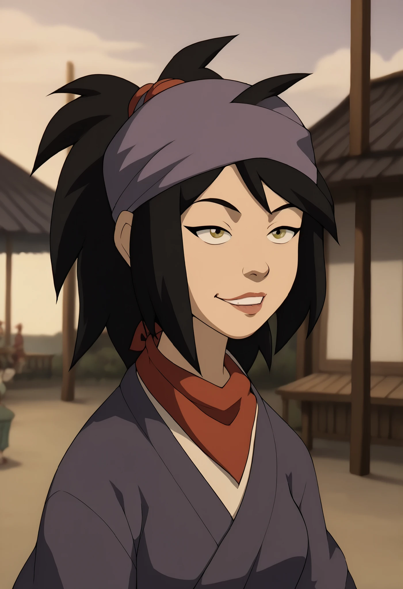 An avatar character. A girl. Purple traditional clothes. Long black hair. Thin face. Bandana