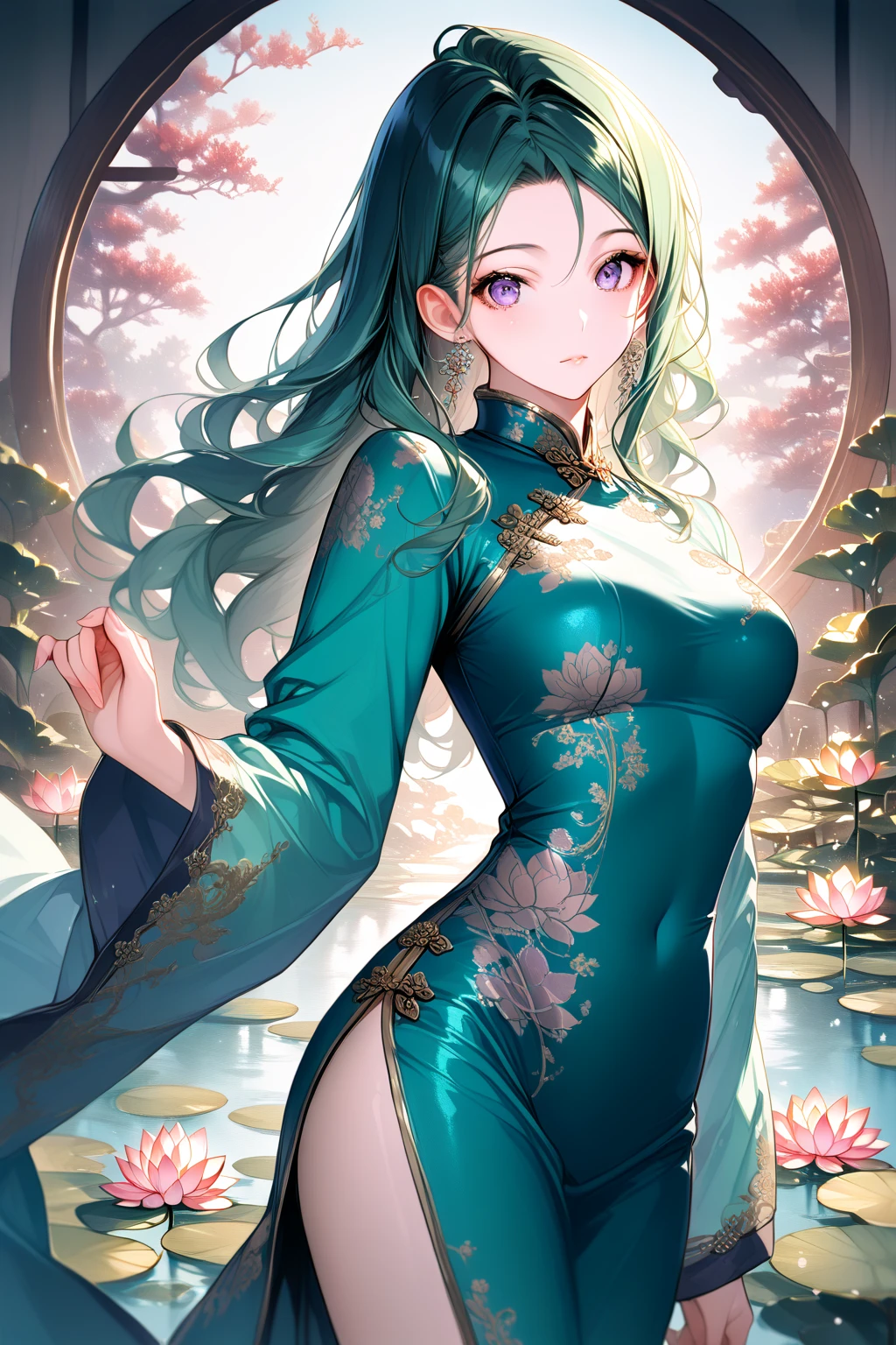 hoang lap,A high resolution,ultra detali,(1girll:1.3),handpainted,Simple lines,16 year old girl in colorful Chinese Hanfu,Beautiful girl with fox ears,Lie in a huge lotus leaf,In the lotus pond,tmasterpiece,sitting in water,Transparent clothes,Floating hair,voluptuous figure