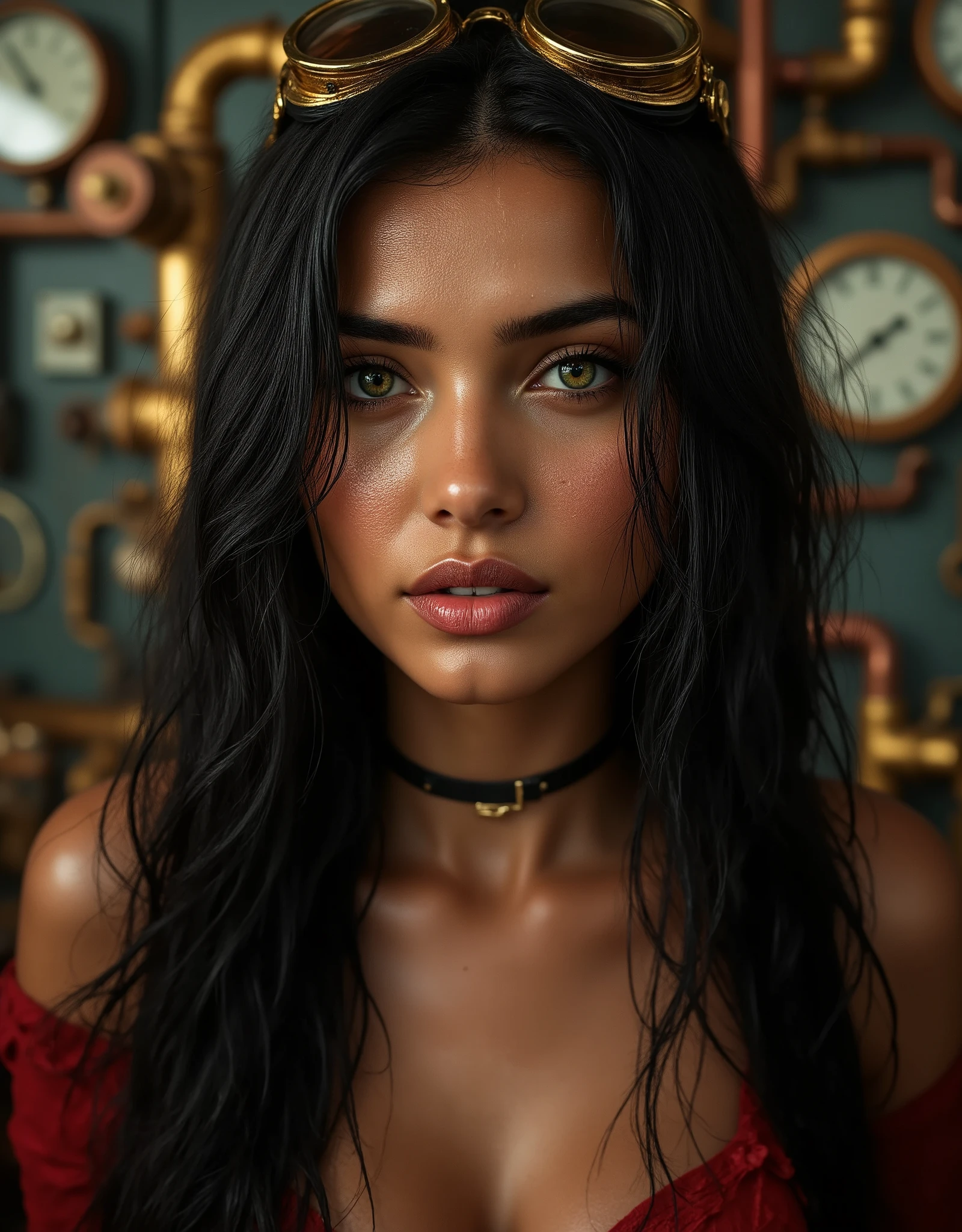 bare shoulders,  view from below, bottom view, (Tarasutaria), Romanticism art, face close up view polaroid of a petite beautiful woman , smooth skin, beautiful skin, mature feminine Somali face, shy smile, light green eyes, long eyelashes, beautiful silky black long hair messy hanging over face, futuristic, brass futuristic goggles on head, brass necklace, in workshop with brass gauges and copper pipes, steel wrenches, iron pliers. wet skin, [real wet skin, damp skin, humid skin, wet skin, skin moistened by sweat, dank skin, uncooked skin, sodden skin, soggy skin, dewy skin, moisture skin, humidity skin, moistness skin, wetness skin]. (rivulets of water descend on the cheeks, rivulets on face, trickling cheeks, trickling skin, trickling face, drips from face, drips from skin, water drops on skin, water drops on face). real skin , /[UHD, masterpiece, very detailed real skin, (super realistic skin:1.2), sharp focus, ((skin marks, moles, smooth skin, real pores, moles on skin, stretch marks, natural skin:1.8)), Realistic skin details, skin imperfections, freckles, Visible pores, some blackheads on the skin, Skin with a little bit of hair, textured skin, high details, high quality, Extremely Detailed Natural Skin, Skin dents]/. wet hair,[damp hair,humid hair,wet hair,dank hair,uncooked hair,sodden hair,hair moistened by sweat,soggy hair,dewy hair,moisture hair,humidity hair,moistness hair,wetness hair,hair with water drops on].