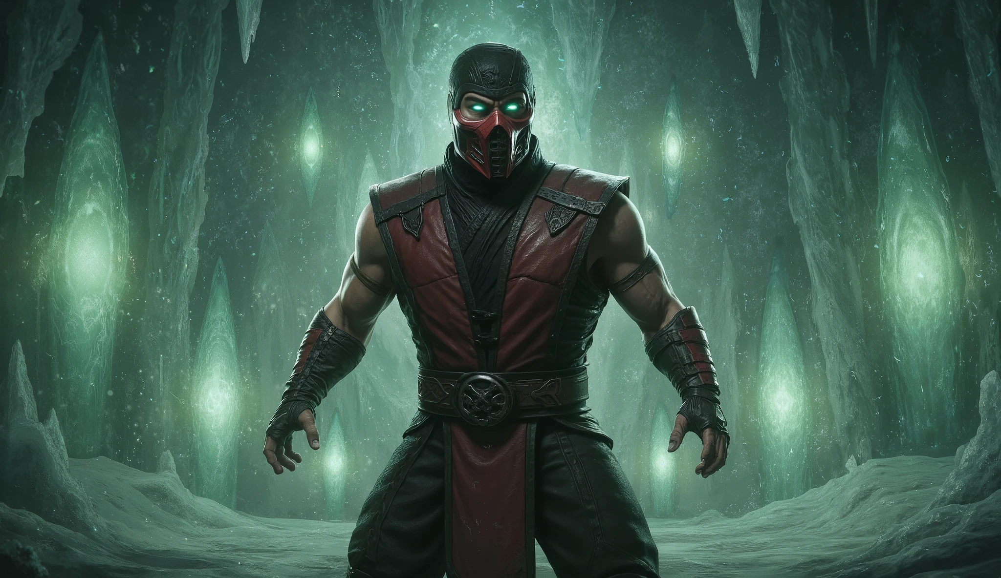 Play Ermac from the Mortal Kombat 3 Trilogy game with green eyes and red mask.