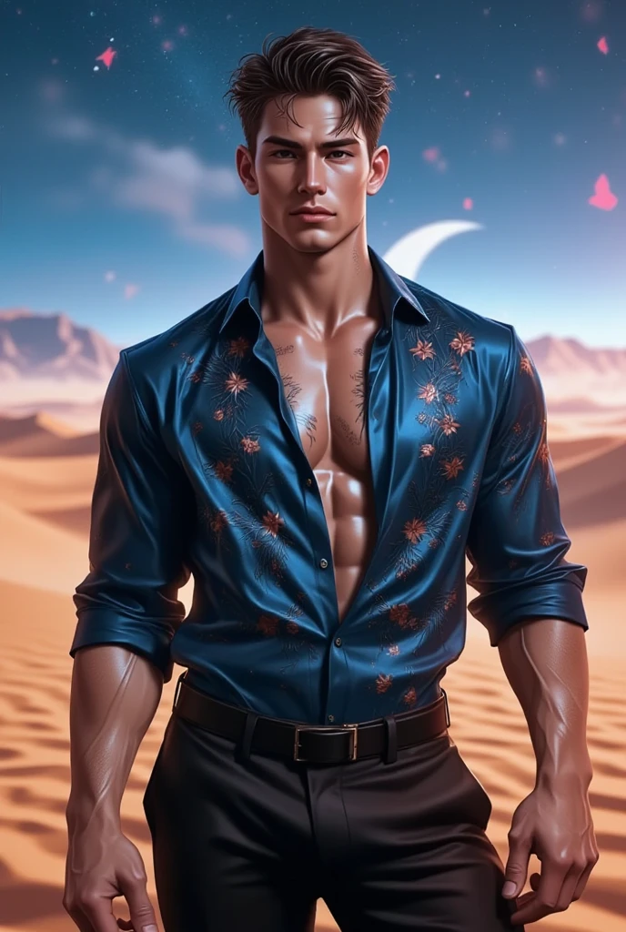 (masterpiece, high resolution, detailed:1.3), a mesmerizing depiction of a ((strikingly handsome young man:1.5)), perfect eyes, sexy gaze, looking at the viewers romantically, perfect bare body, smooth skin, wide chest, largest breast, extremely large pectorals, big nipples, wearing ((sand print shirt and black brief, (no pants)), bulge:1.5), (open shirt showcasing chest and abs:1.5), gorgeous, beautiful, wet, muscular, standing against the backdrop of the vast and mysterious desert, breathtaking grandeur, best quality, masterpiece, His (toned physique:1.5) is bathed in the soft glow, and a hot glow in his skin, creating an otherworldly aura. As he sexually gazes out into the depths of desert, his (intense sexy eyes:1.2) reflect the wonder and curiosity of his desert journey. The intricate details of his attire and the (subtle gleam:1.2) on his skin are meticulously captured, lending an air of realism to the scene. The desert expanse behind him is a tapestry of (sand dunes:1.2), (dazzling sunlight:1.2), and (oasis:1.2), a breathtaking testament to the beauty of the scenery. This artwork melds the allure of a beautiful man with the awe-inspiring vastness of desert, evoking a sense of both intimacy and grandeur. (Sexiest pose: 1.5), full body view,