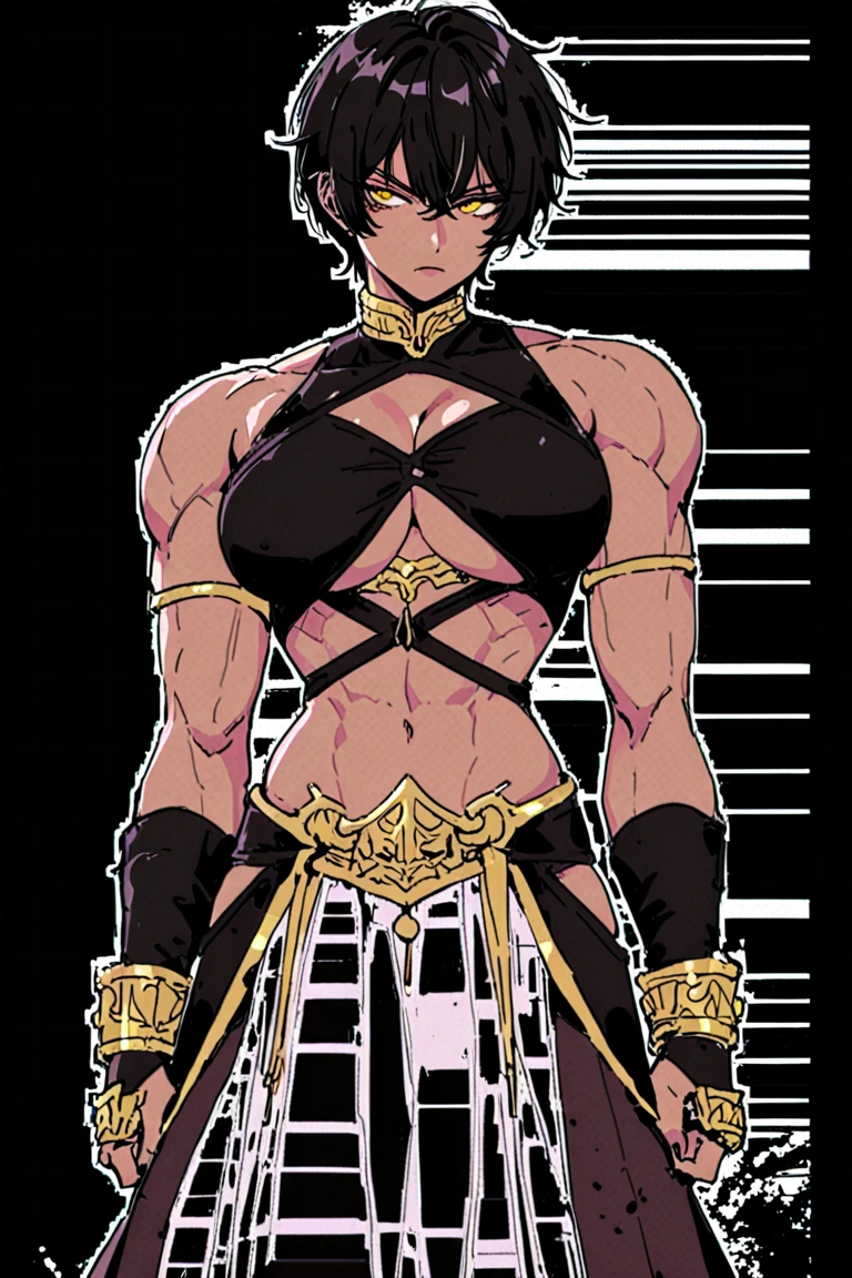 (masterpiece, best quality), ki charge, dragon ball powering up, professional art, digital art, 4k, (complex background:1.35), hot springs, indoors, big ass, lipstick, (purple makeup:1.1), yellow eyeshadow, detailed hair, detailed face, (japanese clothes:0.6), (hip vent:1.3), (bridal gauntlets:1.1), (slightly transparent clothes:1.2), (young female, 19 years old:1.1), Large Breasts, cleavage, (fit body: 1.1) Solo, muscular ebony skinned blake belladonna with large breasts, ((very dark-skinned belladonna:1.75)), black halterneck, long and straight hair, cat ears, ((cat ears:1.5)) female, bangs, (yellow eyes:1.3), saiyan, ((belladonna having monkey tail)), open clothes, exposed midriff, midriff, wearing a pair of ripped white shorts, soft lineart, thick lineart