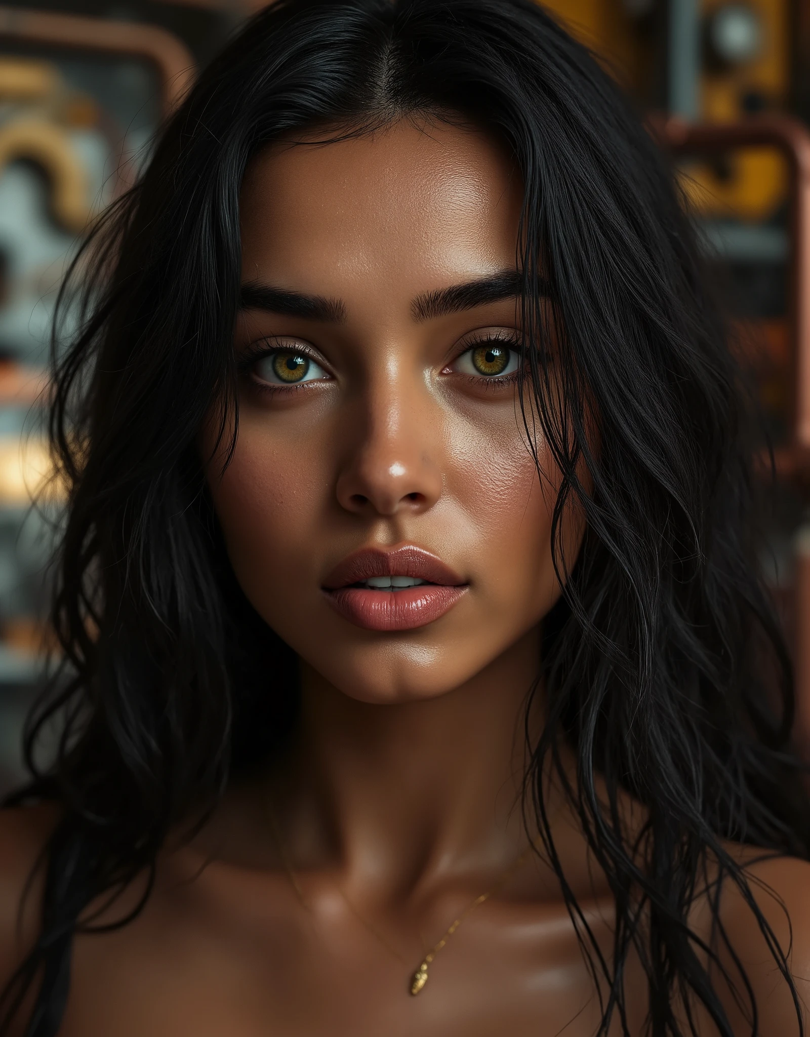 view from below, bottom view, (Tarasutaria), Romanticism art, face close up view polaroid of a petite beautiful woman , smooth skin, beautiful skin, mature feminine Somali face, shy smile, light green eyes, long eyelashes, beautiful silky black long hair messy hanging over face, futuristic, brass futuristic goggles on head, brass necklace, in workshop with brass gauges and copper pipes, steel wrenches, iron pliers. wet skin, [real wet skin, damp skin, humid skin, wet skin, skin moistened by sweat, dank skin, uncooked skin, sodden skin, soggy skin, dewy skin, moisture skin, humidity skin, moistness skin, wetness skin]. (rivulets of water descend on the cheeks, rivulets on face, trickling cheeks, trickling skin, trickling face, drips from face, drips from skin, water drops on skin, water drops on face).
real skin
, /[UHD, masterpiece, very detailed real skin, (super realistic skin:1.2), sharp focus, ((skin marks, moles, smooth skin, real pores, moles on skin, stretch marks, natural skin:1.8)), Realistic skin details, skin imperfections, freckles, Visible pores, some blackheads on the skin, Skin with a little bit of hair, textured skin, high details, high quality, Extremely Detailed Natural Skin, Skin dents]/.
wet hair,[damp hair,humid hair,wet hair,dank hair,uncooked hair,sodden hair,hair moistened by sweat,soggy hair,dewy hair,moisture hair,humidity hair,moistness hair,wetness hair,hair with water drops on].