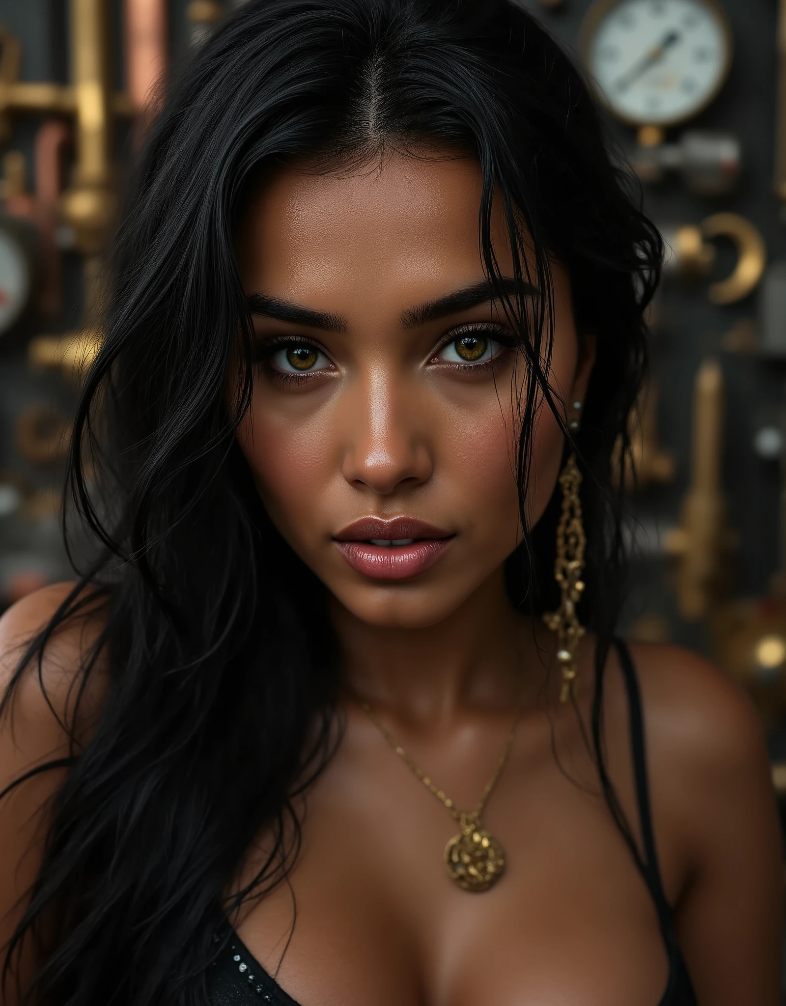 view from below, bottom view, (Tarasutaria), Romanticism art, face close up view polaroid of a petite beautiful woman , smooth skin, beautiful skin, mature feminine Somali face, shy smile, light green eyes, long eyelashes, beautiful silky black long hair messy hanging over face, futuristic, brass futuristic goggles on head, brass necklace, in workshop with brass gauges and copper pipes, steel wrenches, iron pliers. wet skin, [real wet skin, damp skin, humid skin, wet skin, skin moistened by sweat, dank skin, uncooked skin, sodden skin, soggy skin, dewy skin, moisture skin, humidity skin, moistness skin, wetness skin]. (rivulets of water descend on the cheeks, rivulets on face, trickling cheeks, trickling skin, trickling face, drips from face, drips from skin, water drops on skin, water drops on face).
real skin
, /[UHD, masterpiece, very detailed real skin, (super realistic skin:1.2), sharp focus, ((skin marks, moles, smooth skin, real pores, moles on skin, stretch marks, natural skin:1.8)), Realistic skin details, skin imperfections, freckles, Visible pores, some blackheads on the skin, Skin with a little bit of hair, textured skin, high details, high quality, Extremely Detailed Natural Skin, Skin dents]/.
wet hair,[damp hair,humid hair,wet hair,dank hair,uncooked hair,sodden hair,hair moistened by sweat,soggy hair,dewy hair,moisture hair,humidity hair,moistness hair,wetness hair,hair with water drops on].