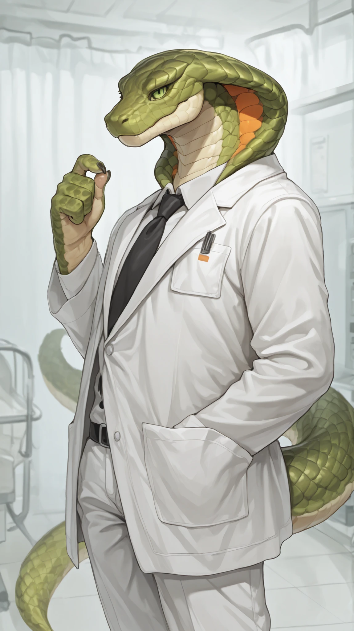 4g1typ3,scales,scalie,anthropomorphic, humanoid snake, yong adult, Male, Green Scales with orange details, snake hood, Green Eyes, tail, Doctor clothes, black tie, white pants, Hospital Background