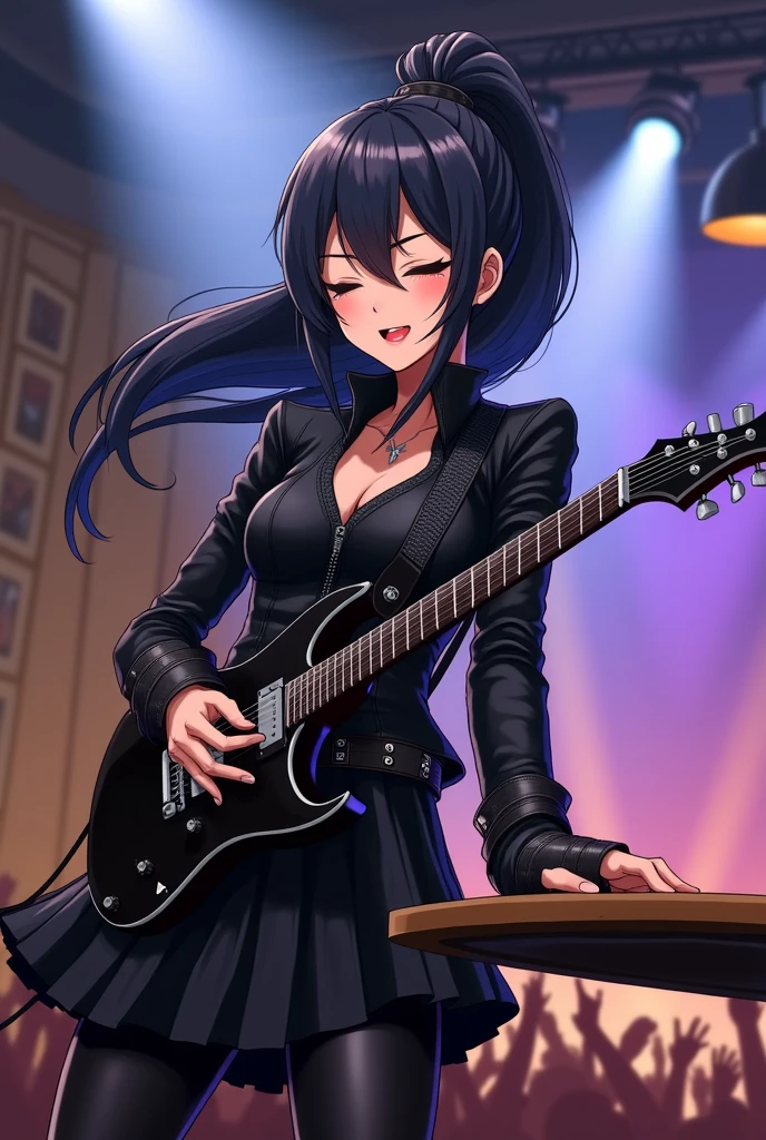 <lora:UmiriYahata-04:0.7>, ,umiriyahata, looking at viewer, shirt, long sleeves, holding, cleavage, jewelry, closed mouth, green eyes, jacket, upper body, open clothes, choker, indoors, necklace, open jacket, black jacket, black choker, red shirt, instrument, guitar, leather, holding instrument, electric guitar, leather jacket, bass guitar, amplifier, blush, smile