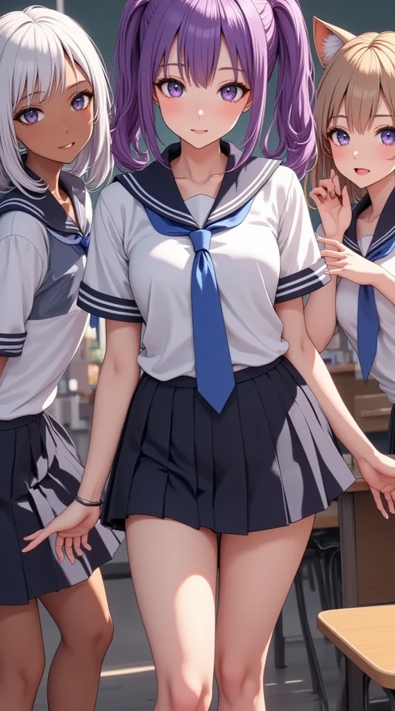 (Best quality, 8K, Masterpiece:1.3, 1 girl, Beautiful girl), Cute, Dynamism, Detailed face, Detailed skin, Detailed eyes, Detailed lips, Detailed fingers, Detailed mouth, Photorealistic, Raw photo, highres, Natural lighting, dynamic pose, perfect anatomy, toned legs, round eyes, double eyelid, tareme, moist lips, wet clothes, squatting with spreading legs, sweaty, (peeing), drooling, half closed eyes, tongue out, ((A bunch of men are grabbing her breasts, multiple hand)), man is touching her crotch, crowds, excited men, sailor school uniforms, pleated skirt, ahegao, camel toe, steam:1.5, ecstatic face, skirt lift, in the train, cum in pussy, thighhighs, pubic hair, cowboy shot, shape of nipples, night, sheer wet, wet clothes, standing with open legs, masturbation, grabbing breasts herself, nsfw, pov, from below, half closed eyes, hair buns, purple hair, tongue out, gangbang, tears