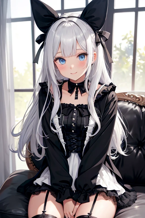 One person, High resolution, Anatomically correct, Textured skin, Long Hair,Silver Hair, Dull blue eyes, Goth,Maid Head Accessories, chest, sit