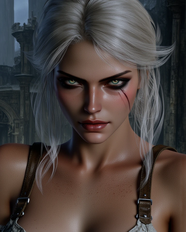 In the foreground, Delilah, une femme attractivee au regard énigmatique et traître, blue blonde hair, a full back image looking at the camera. ancient and biblical vertigo. hyper realistic, cinematic. au second plan, mysterious man, bruns, tattoos, attractive, brown-hair, yeux noirs, vampire