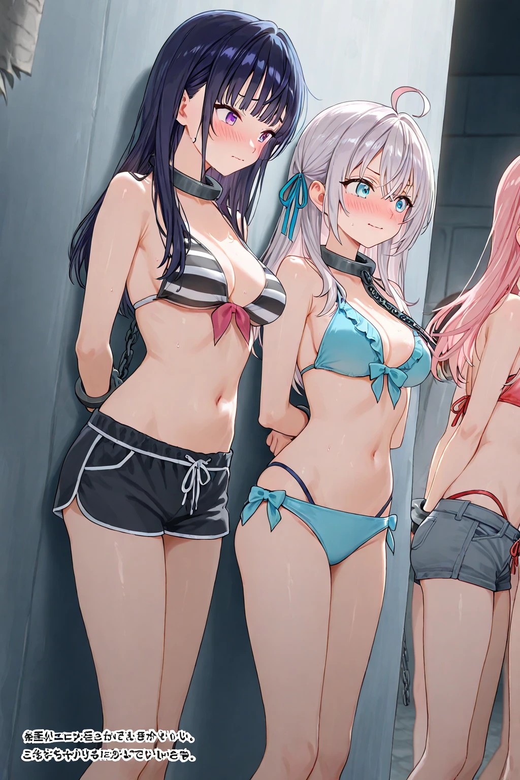 3 anime girls, 7 years, Very thin, flat chest, thin waist, narrow hips, naked at the bus stop, Group photo, urination, писают, shame, fear, horror in the eyes