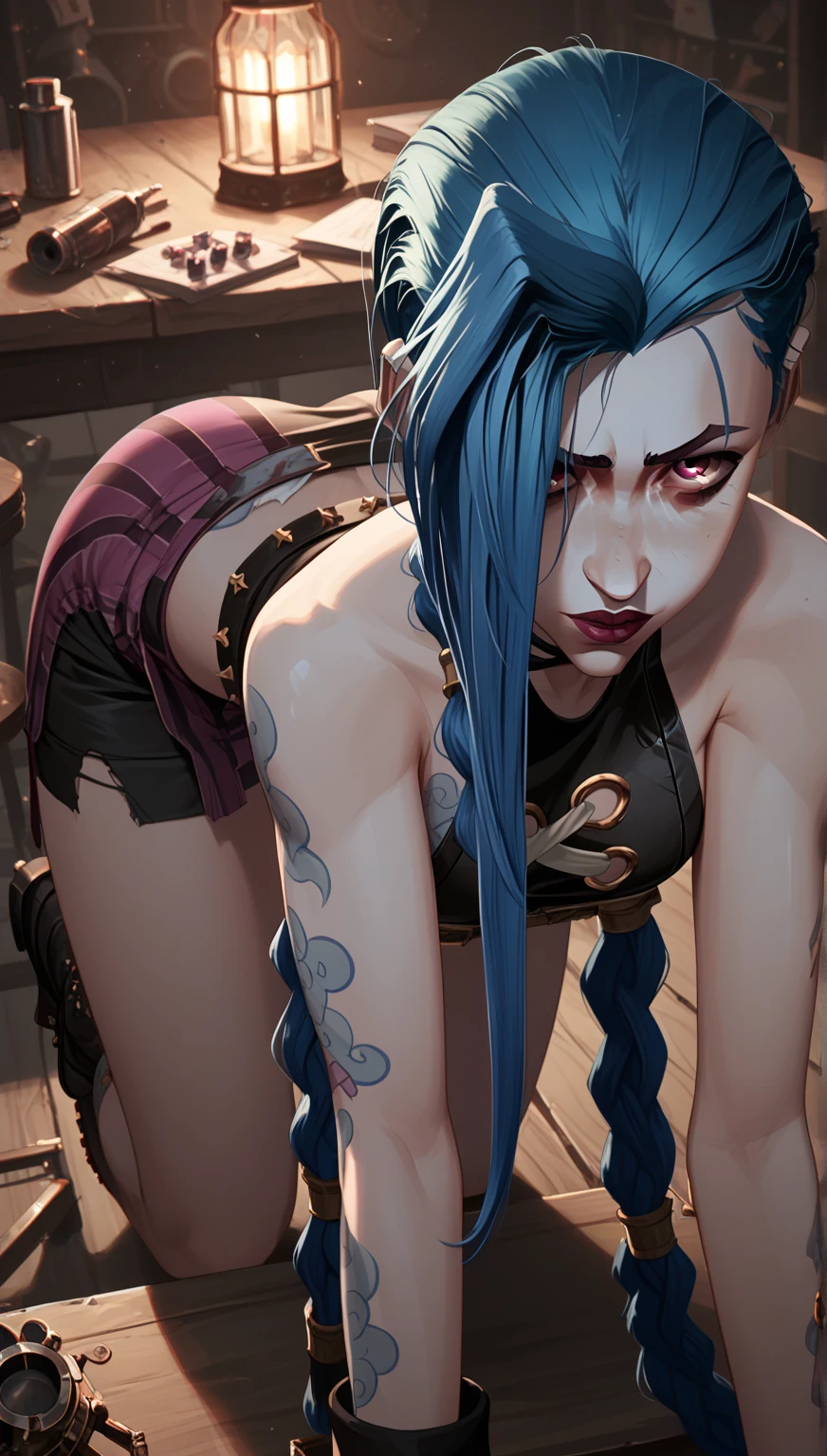 Outdoors, masterpiece, best quality, absurdres, highres, 4k, ray tracing, intricate details, highly detailed.
1boy (A male version of Jinx, from league of legends, he is a femboy, extremely slim, wide hips, flat chest, weak, long blue hair, 2 ponytails, sweating, panting for air, doubled in pain, puking, body filled with bruises, bruised bulge in shorts. Bloodied, bruised, crying, extreme pain and shock, slutty femboy clothes.) Extremely detailed, ultra high quality. Jinx on extreme pain puking, puke. bruised groin.