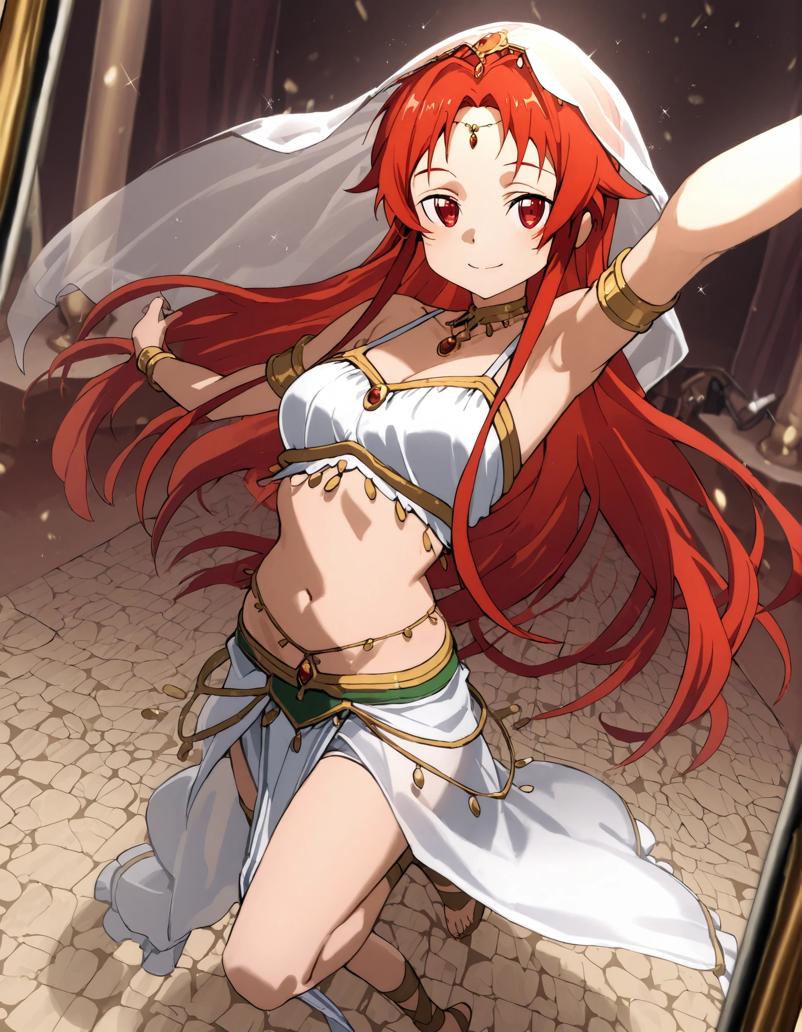 (1girl:1 . 5) , (Seul:1 . 5) , score_9 , score_8_haut , score_7_haut , source_anime , Official work  , ultra-detailed , masterpiece , best quality selfie snapshot , high resolution , beaux yeux , detailed eyes , detailed face , beautiful detailed eyes ,Sword art Online, Tiese Shtolienen,Arabian Clothes , Arabian Dancer ,belly dancer costume ,full body,golden jewelery,armlet, belly dancing,arabian theater,seductive smile, dancing with veil, dynamic movement,dance posture, seductive pose