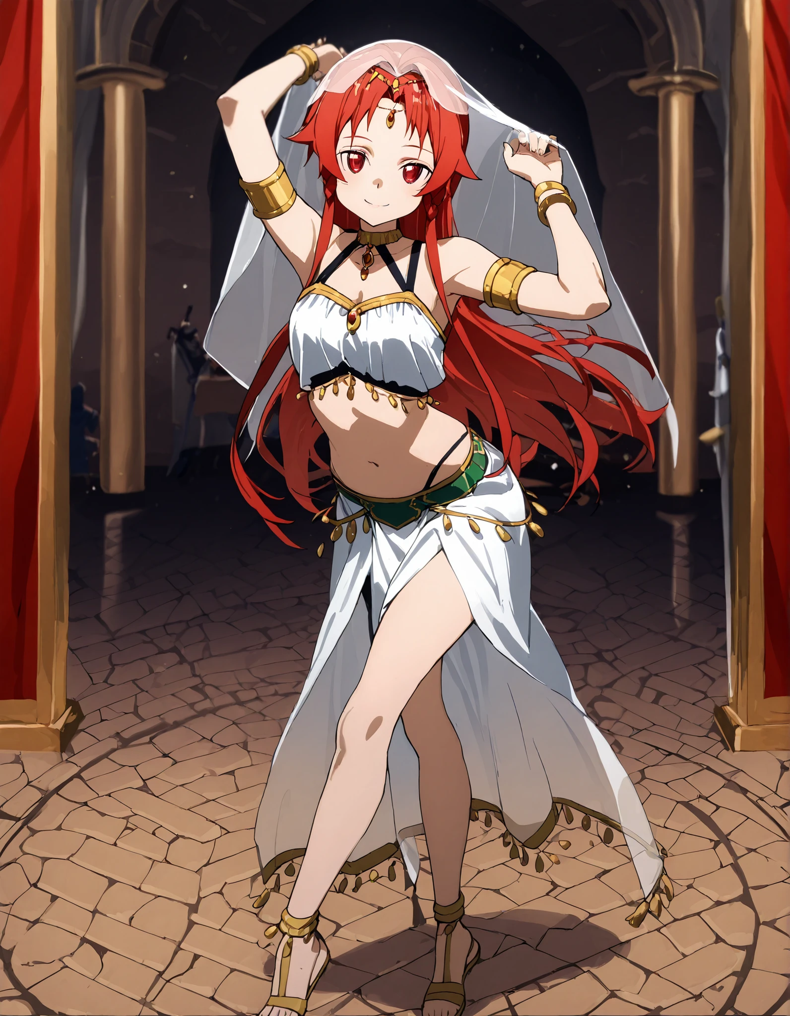 (1girl:1 . 5) , (Seul:1 . 5) , score_9 , score_8_haut , score_7_haut , source_anime , Official work , ultra-detailed , masterpiece , best quality selfie snapshot , high resolution , beaux yeux , detailed eyes , detailed face , beautiful detailed eyes ,Sword art Online, Tiese Shtolienen,Arabian Clothes , Arabian Dancer ,belly dancer costume ,full body,golden jewelery,armlet, belly dancing,arabian theater,seductive smile, dancing with veil, dynamic movement,dance posture, seductive pose