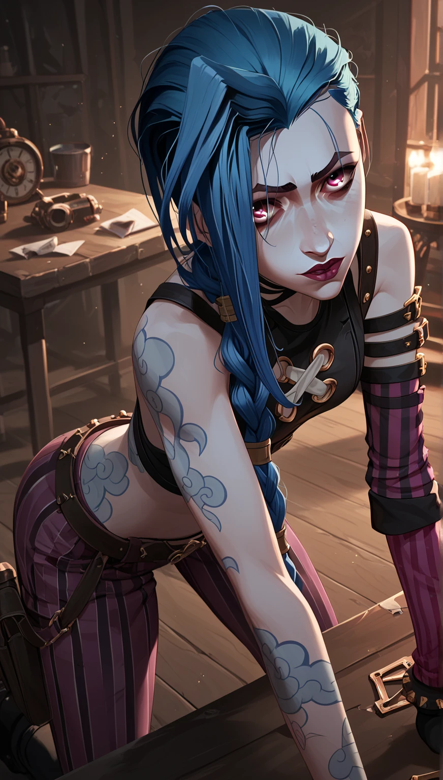 best quality, masterpiece, detailed, solo, Jinx, Jinx girl, a finnish Jinx girl, petite, Extremely detailed, Goth Russian girl at the party, Black crop top, spiked collar, Black lips, Colored ingrown hairs, Black leather jacket, The lower part of the body is bare, Black leather boots, Piercing, Navel, sofa, Sitting, ((Spread legs)),nightclubs, ((Looking at Viewer)), Small breasts,(((underboob)),Wrists are restrained with ropes、Shibari、Arms up,Bondage Chain, Tied wrists, srestrained, Bound,Bandaged hand,BDSM,((POV)), Jinx,(((The vaginal opening is exposed)))、Vaginal opening valgus、looking down at viewer, (faceless male on face), (((POV)))、 pov from down、anguished expression、((Blood of the Broken Gourd)), Pushed up、((The body is shaking violently))、Screaming in pain、Crying、