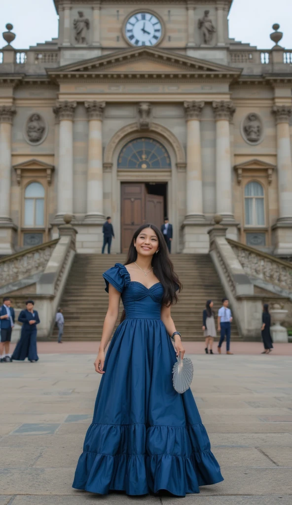 A beautiful 22-year-old woman with an elegant face is standing by the Notre-Dame Cathedral Basilica of Saigon, wearing a blue floral dress. The sunlight highlights her delicate features, and her confident pose exudes charm and sophistication.