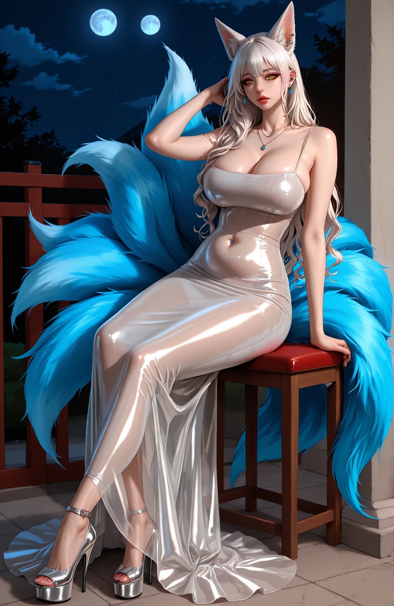 posing,realistic, bare shoulders, ruanyi0940, bare shoulders, long dress, transparent dress, shiny clothes, shiny skin, thin straps, tight dress, latex,sexy poses, slender legs, high platform shoes, sitting sexy pose, full body, 1 girl, single, perfect face, perfect anatomy, kitsune, extremely detailed, yellow eyes, more details, kitsune, many blue tails, white hair, fox ears, belly button, lips, , gradient hair, long curly hair, multi-colored hair, single, white long hair parted to one side, looking at viewer, large breasts, huge breasts, ear piercings, necklace, fox ears, moon resolution, sakura in garden, night, extremely detailed, 8k, hdr,