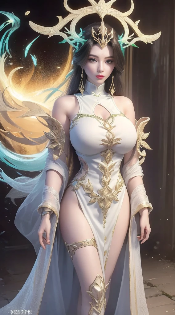 Long dress with white and golden big breasts
