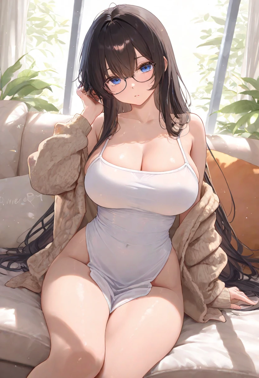 15-year-old girl with a pure face, ???????????, super ???????????, obesity, fair skin, ?????? pajamas, transparent gauze, lace lace, glasses, milk running from the corners of her mouth