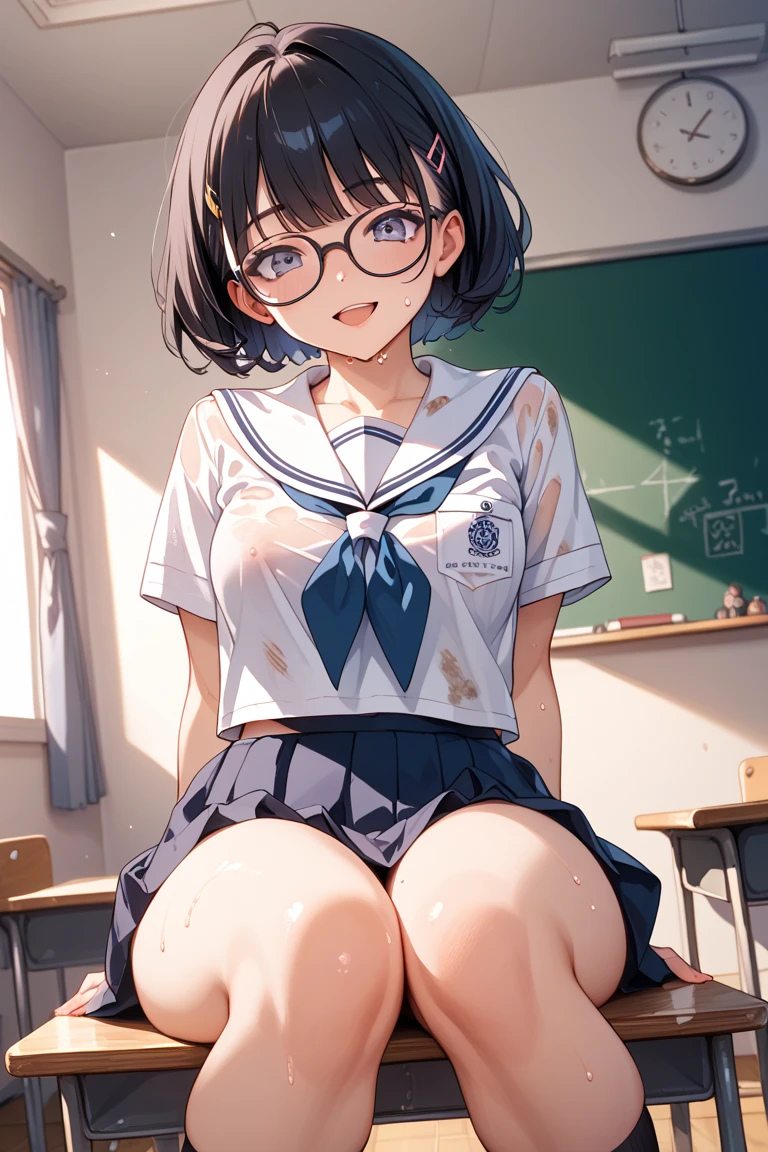 highest quality、High resolution、8K、cute beauty、detailed background、beautiful and detailed face、beautiful and smooth skin、skin texture、Beautiful teenage girl、(big :1.4)、Cute character wearing a white sailor suit.。Uniform costume with white sailor collar and ribbon.。dark blue pleated mini skirt、Cute colored knee high socks、Cute Ponytail、cute glasses、sleeveless、pulling panties on classroom desk、(show panties)、(take off panties)、sexual expression