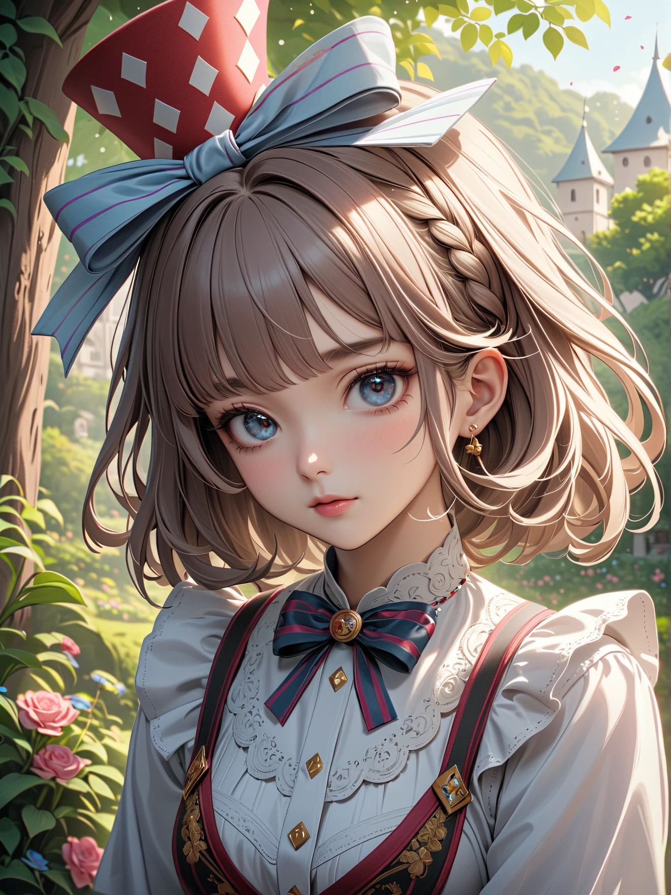 1girl, masterpiece, best quality, 8k, detailed skin texture, detailed cloth texture, beautiful detailed face, intricate details, ultra detailed, Alice in Wonderland, (a bow on her head:1.1), upper body
