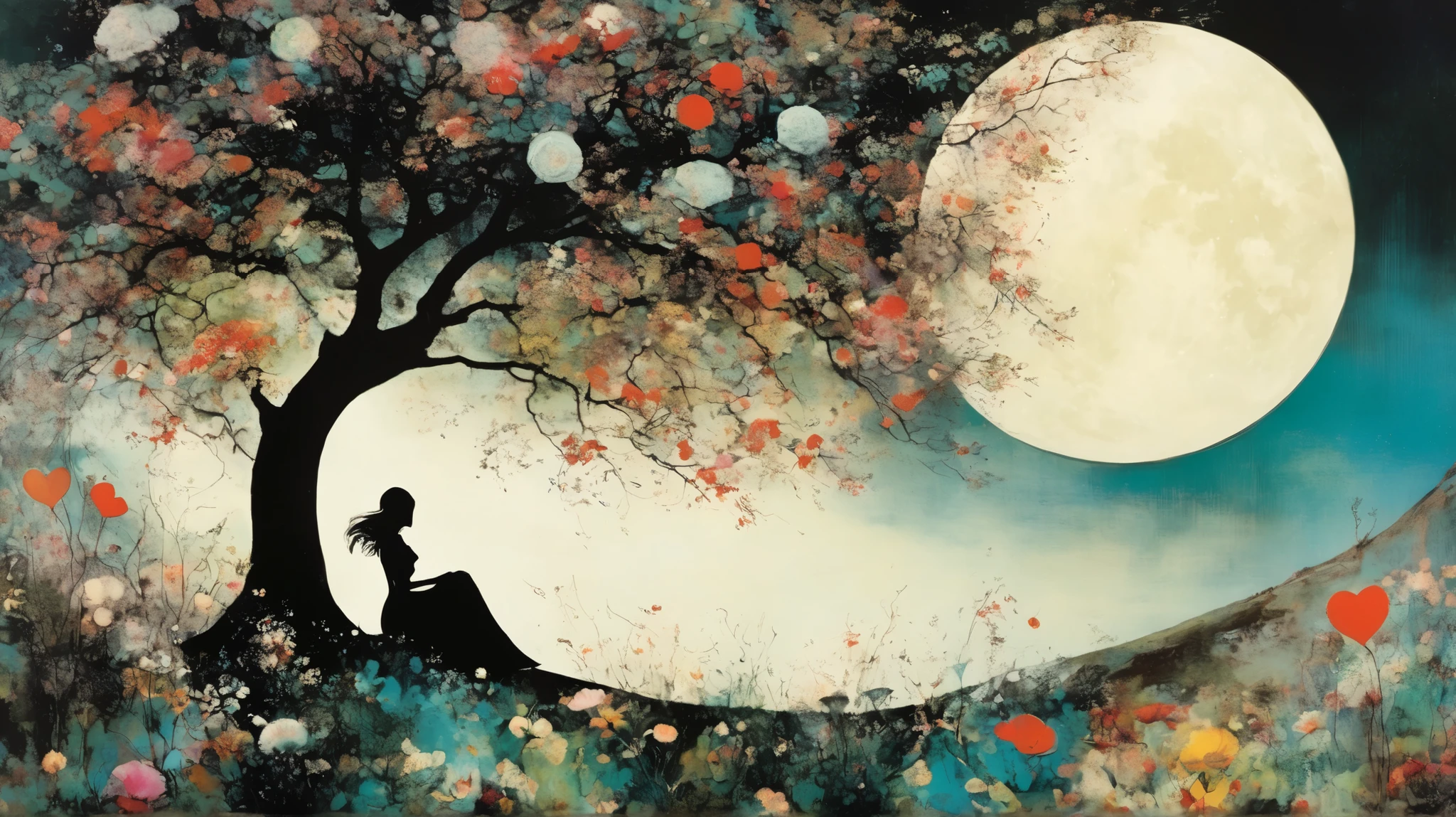 layered, a lovely girl with a lover heart, whimsy mood, moody colors by Georges Clairin, background surreal garden and a big tree, floral motif, night with a big moon by Gerald Scarfe with pattern.