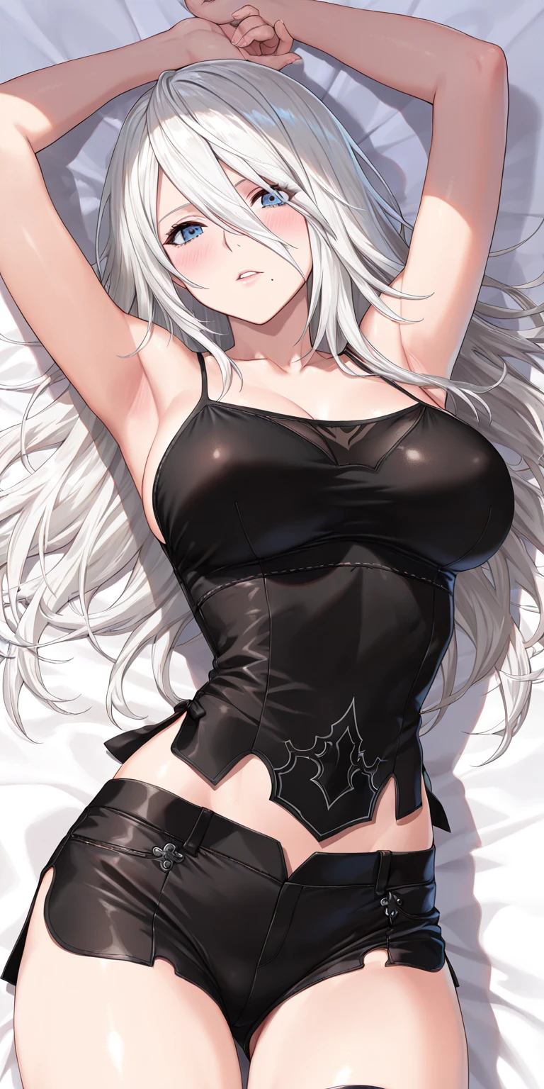 (high quality, 8k, 4K, high contrast, artwork:1.2, high quality, best aesthetics), (dynamic angle), ((1 woman)), erotic, sensual, mature body, super detailed, beautiful face detailed, beautiful eyes detailed, detailed beautiful mouth, sexy body, perfect breats, (long wavy white hair), (bright light blue eyes), (playful facial expression), (black costume), (standing), (centered), (looking at viewer)