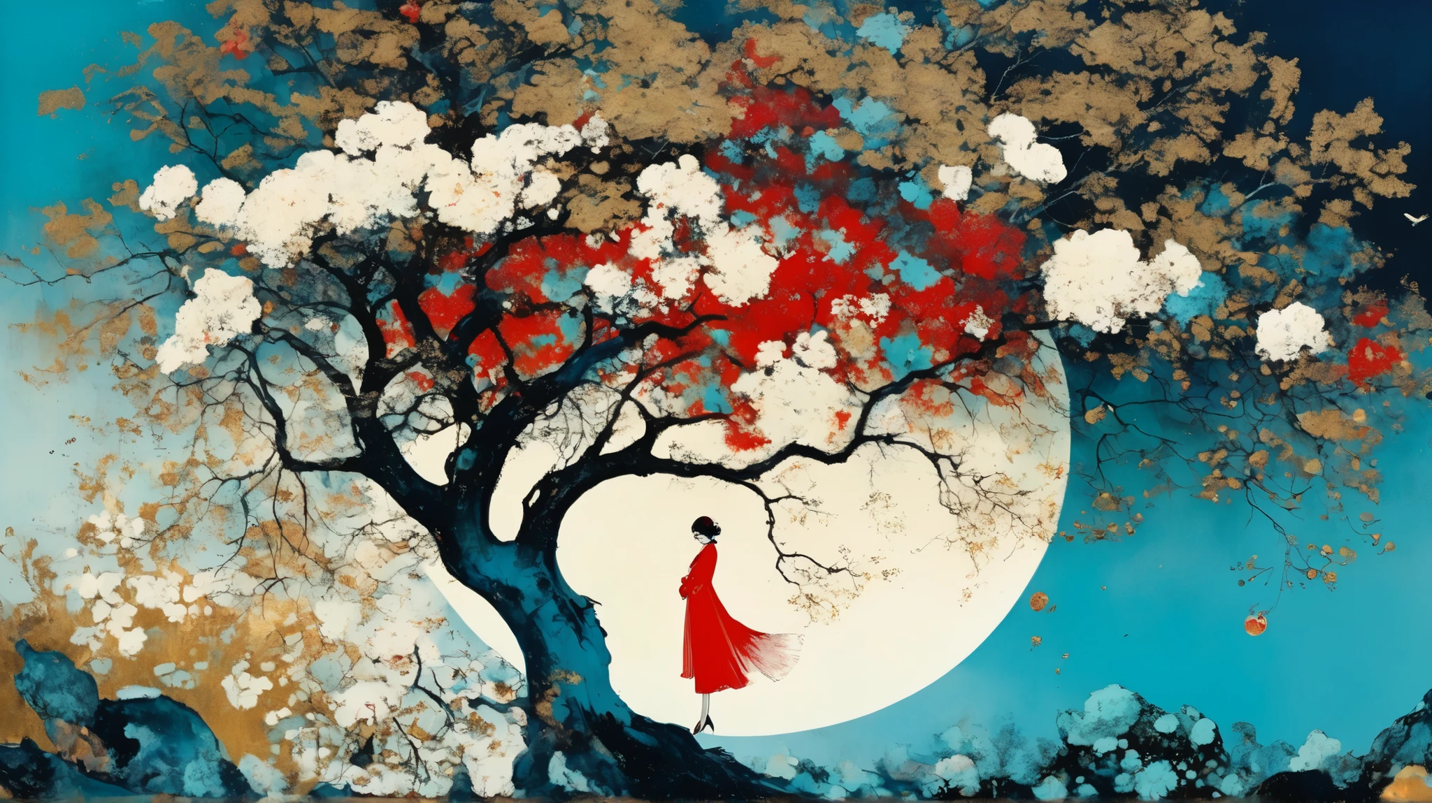 layered, a lovely girl with a lover heart, whimsy mood, moody colors by Georges Clairin, background surreal garden and a big tree, floral motif, night with a big moon by Gerald Scarfe with pattern, gold leaf details, color palette: gold, white, red, coral, dark blue, turquoise, white,