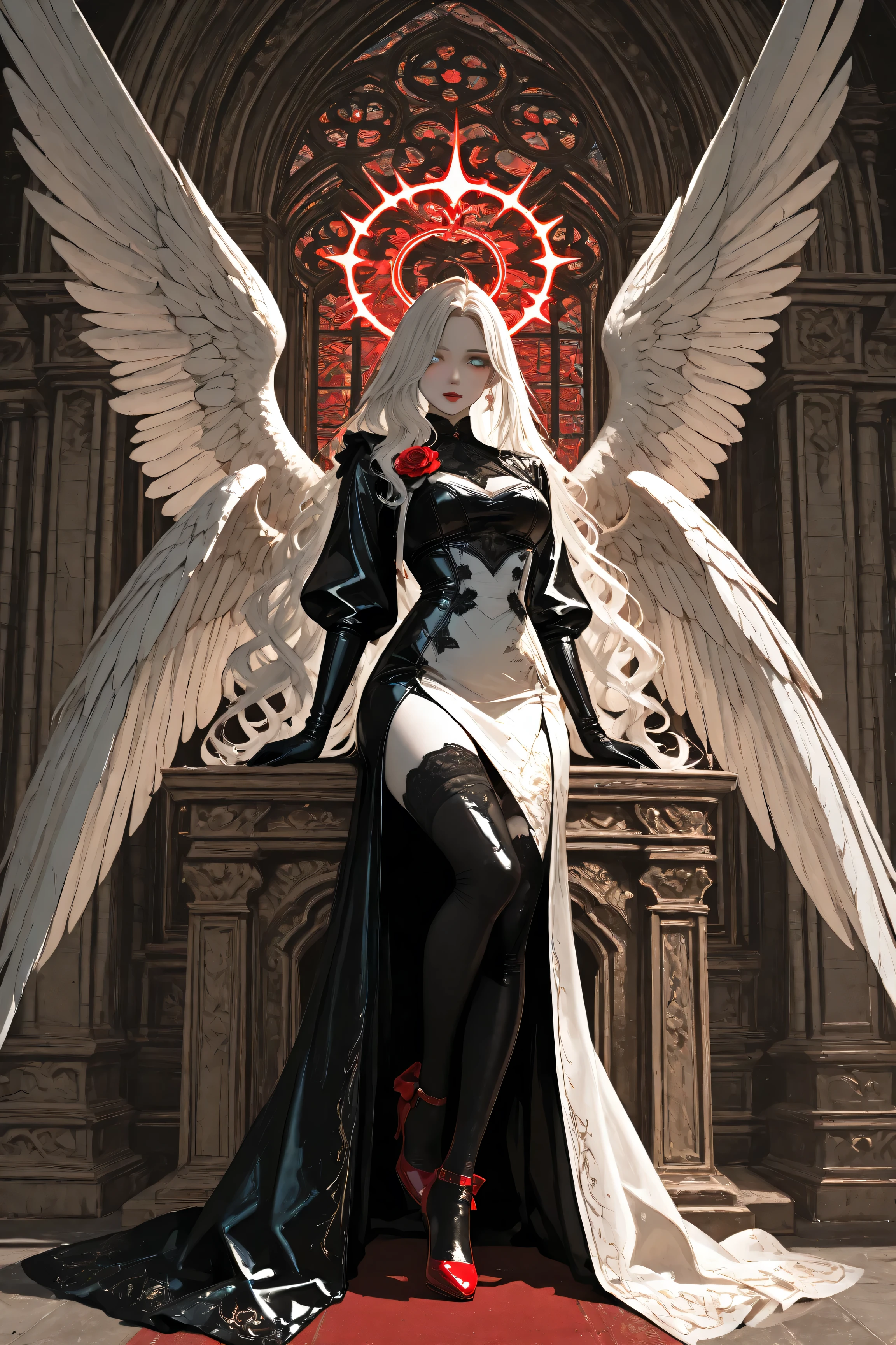 Colorful,hyp3rd3tail style, a picture of magnificent  female angel, busty long hair, dynamic hair color, long hair, wavy hair, shining blue eyes, white wings, wearing intricate elegant black leather dress, wearing red high heels, wings have angel wings angel, pale skin, angel wings, wings, white wings, white hair, white eyes, glowing eyes, white dress with golden pattern, Halo, fantasy,  black latex corsage, black stockings, Hyperrealism style
