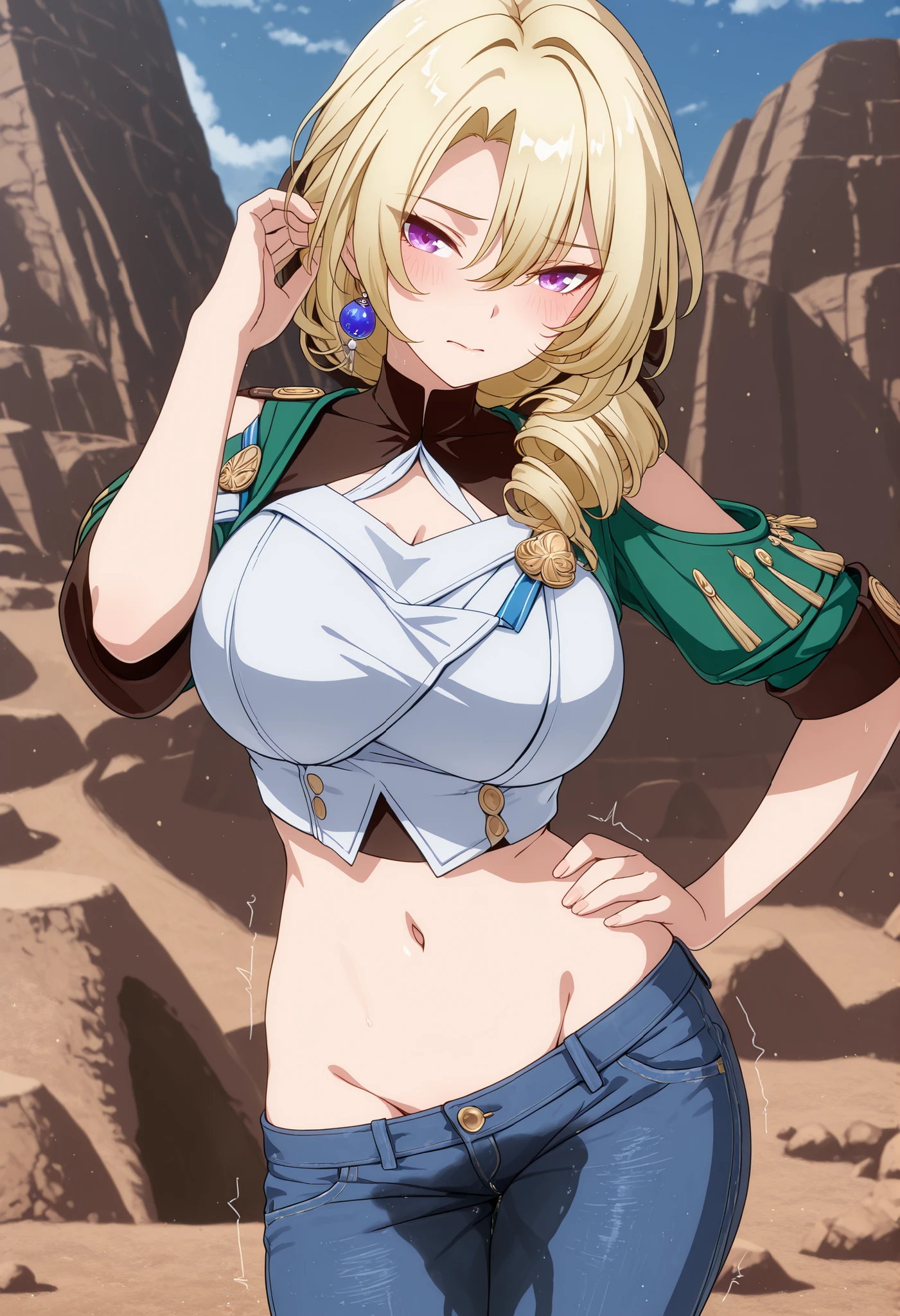 (anime coloring:1.6), (masterpiece:1.3), absurdres, highres, 1girl, woman, tsurime, , tcocolia rand \(honkai: star rail\), purple eyes, bangs, blonde drill hair, hair ribbon, single earring, crop top, jeans, midriff, navel, (groin:1.25), (:1.25), wetting self, (one hand on hip:1.25), (contrapposto:1.25), (adjusting hair:1.25), (legs together:1.5), facing viewer, desperation, trembling, blush, knees