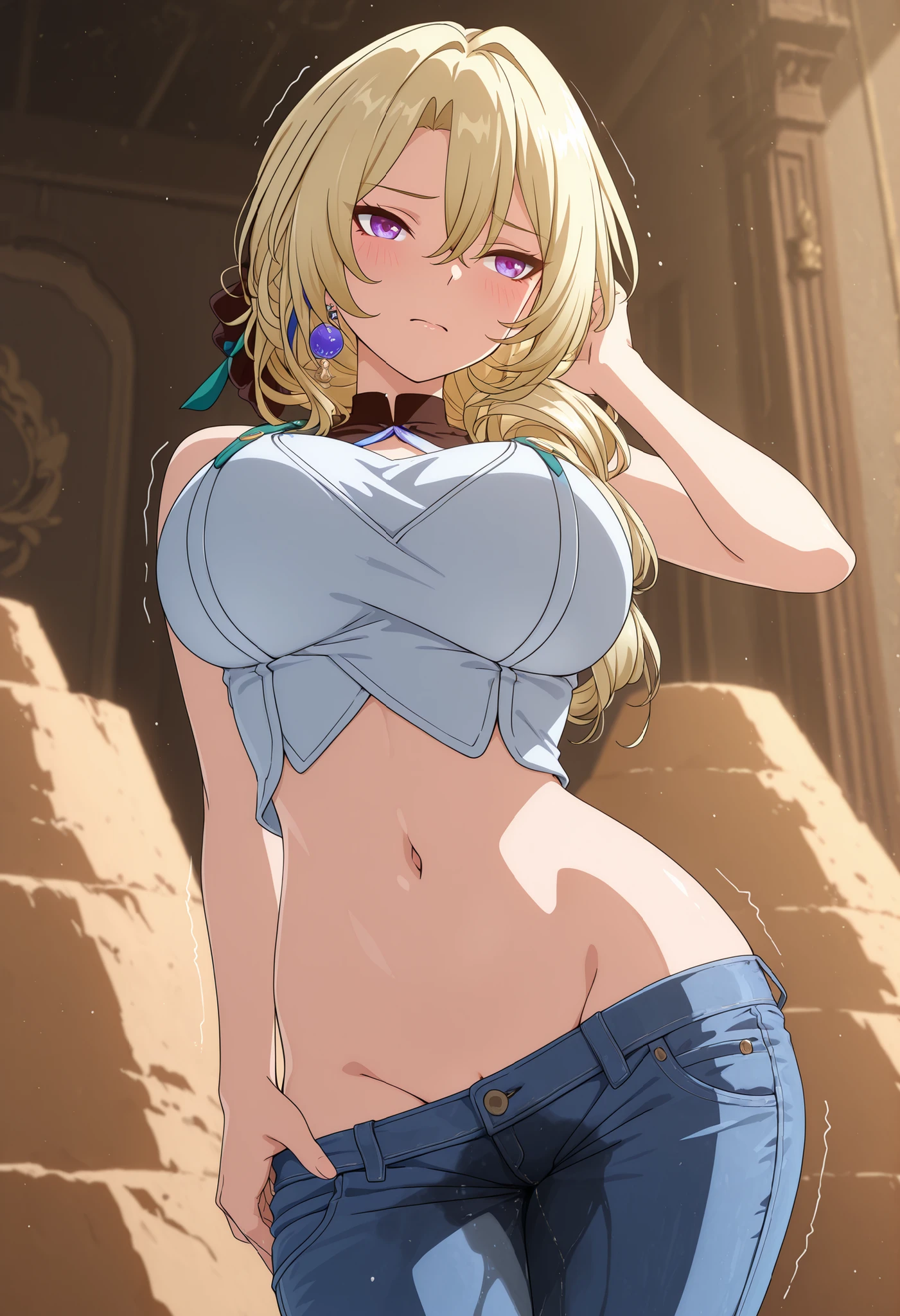 (anime coloring:1.6), (masterpiece:1.3), absurdres, highres, 1girl, woman, tsurime, huge breasts, tcocolia rand \(honkai: star rail\), purple eyes, bangs, blonde drill hair, hair ribbon, single earring, crop top, jeans, midriff, navel, (groin:1.25), (mound of Venus:1.25), wetting self, (one hand on hip:1.25), (contrapposto:1.25), (adjusting hair:1.25), (legs together:1.5), facing viewer, desperation, trembling, blush, knees