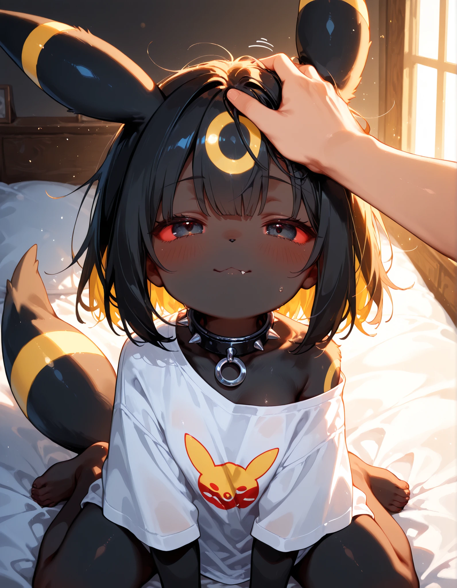 1girl, umbreon \(pokemon\), pokemon \(creature\), umbreon, furry female, black fur, red sclera, black eyes, yellow markings, fangs, biting lip, half-closed eyes, closed mouth, (<3), looking at hand, heavy breathing, tail, breasts, white t-shirt, oversized clothes, baggy shirt, spiked collar, single off shoulder, close-up, upper body, female focus, 1boy, light skin, human, headpat, petting, contrast lighting, side lighting, masterpiece, best quality, newest, absurdres, highres, amazing quality, very aesthetic, bedroom setting, medium hair, black hair (yellow highlights), messy hair, sunset, drooling, high angle camera, pov, from above, kneeling over bed