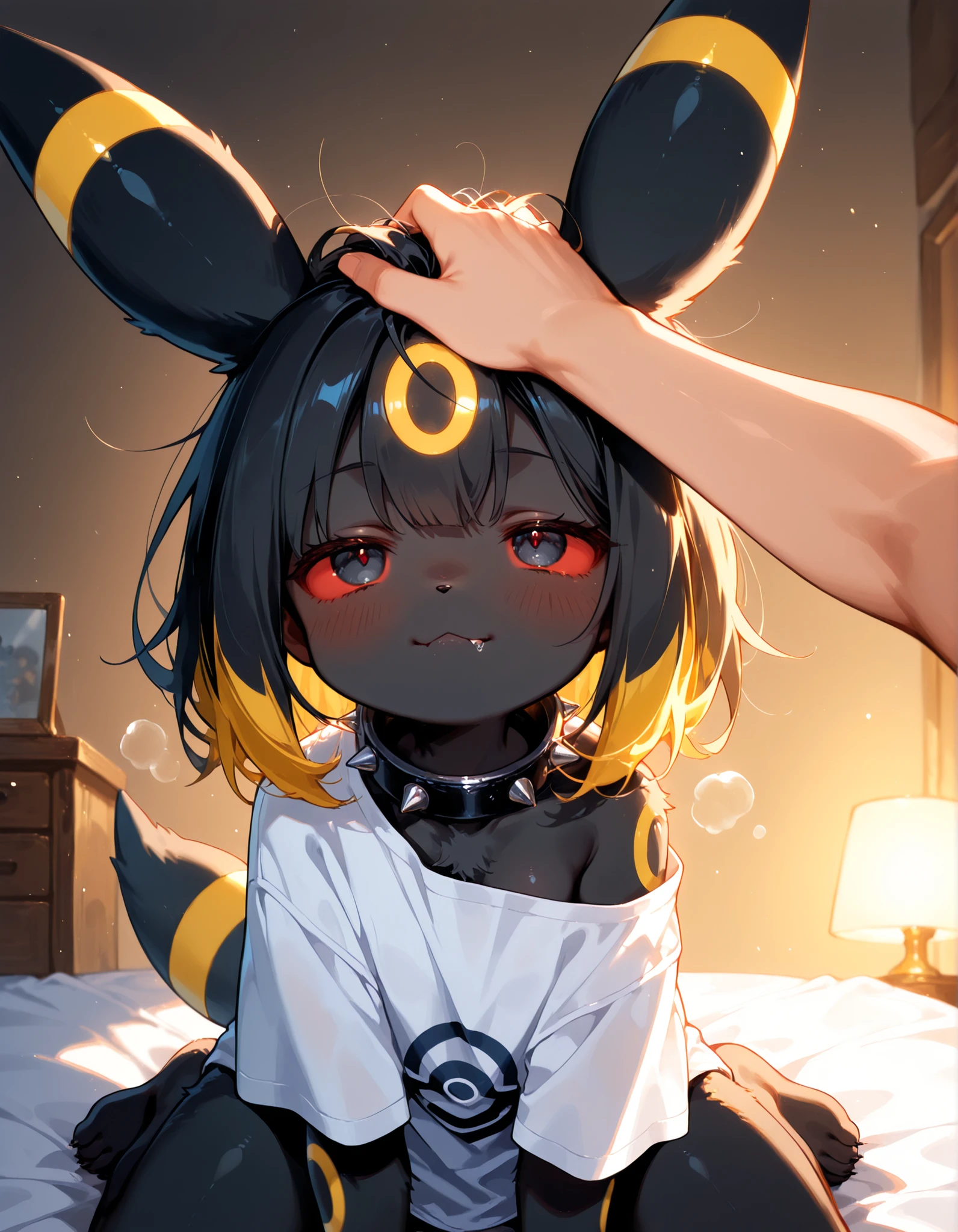 1girl, umbreon \(pokemon\), pokemon \(creature\), umbreon, furry female, black fur, red sclera, black eyes, yellow markings, fangs, biting lip, half-closed eyes, closed mouth, (<3), looking at hand, heavy breathing, tail, breasts, white t-shirt, oversized clothes, baggy shirt, spiked collar, single off shoulder, close-up, upper body, female focus, 1boy, light skin, human, headpat, petting, contrast lighting, side lighting, masterpiece, best quality, newest, absurdres, highres, amazing quality, very aesthetic, bedroom setting, medium hair, black hair (yellow highlights), messy hair, sunset, drooling, high angle camera, pov, from above, kneeling over bed