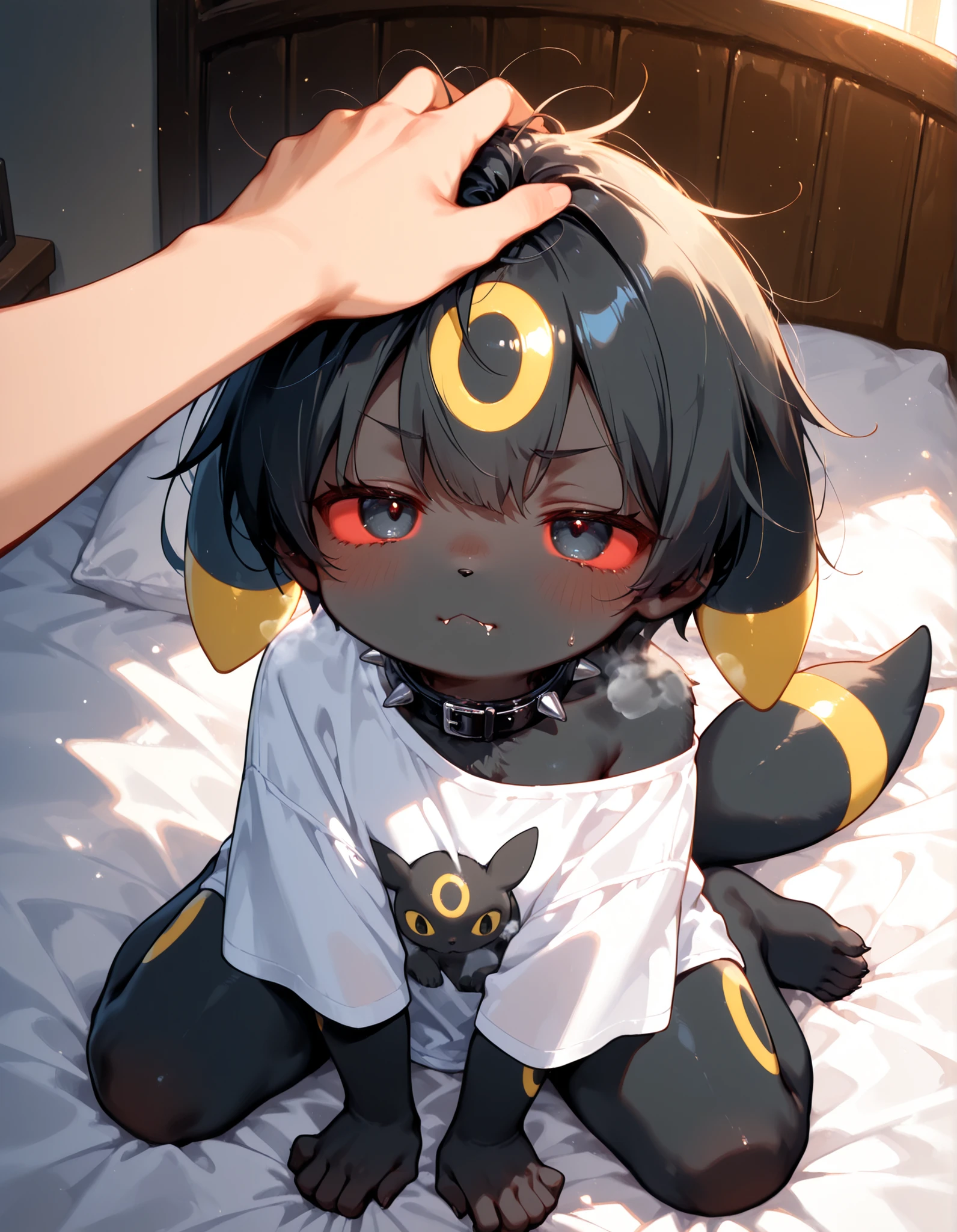 1girl, umbreon \(pokemon\), pokemon \(creature\), umbreon, furry female, black fur, red sclera, black eyes, yellow markings, fangs, biting lip, half-closed eyes, closed mouth, (<3), looking at hand, heavy breathing, tail, breasts, white t-shirt, oversized clothes, baggy shirt, spiked collar, single off shoulder, close-up, upper body, female focus, 1boy, light skin, human, headpat, petting, contrast lighting, side lighting, masterpiece, best quality, newest, absurdres, highres, amazing quality, very aesthetic, bedroom setting, medium hair, black hair (yellow highlights), messy hair, sunset, drooling, high angle camera, pov, from above, kneeling over bed
