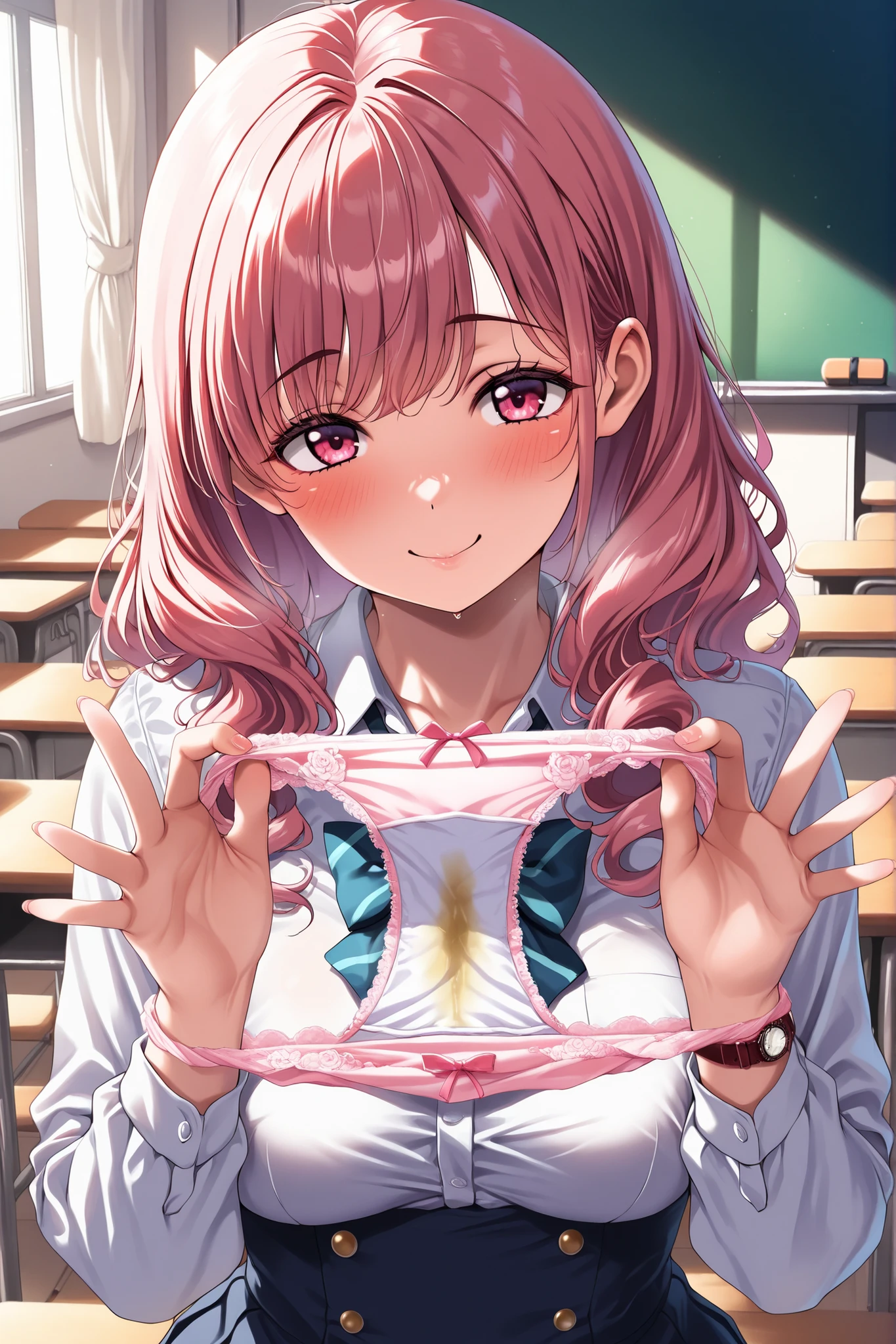 1 female,  Pink Hair,  curly hair , student, Classroom, Watch the audience, shy,smile,big-breasted, ,(Holding underwear：1.1), (second-hand panties：1.1), Panties on the hands 、Holding underwearด้วยมือทั้งสองข้าง、 steam gushes out of the panties 、show off your seductive panties 、Share、. The panties are near the screen,、Upper body、  underwear stain 、on the back of the panties, Light Pink Cotton Panties, Pee stain , band viscous stain, thin soft fabric, Fabric Wrinkles, glossy damp stain, Moisture penetration, Fine floral pattern, subtle moisture effect. Realistic Fabric, Natural Moisture, Masterpiece Quality, focus in front of girl with panties