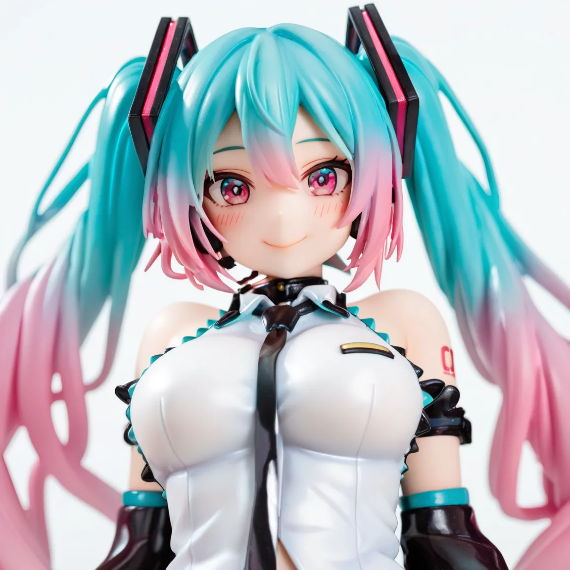 <lora:BunnyMiku:0.7> hatsune miku, hair ornament, blue hair, rabbit ears, playboy bunny, twintails, bangs, leotard, blue eyes, x hair ornament, detached collar, pink background, simple background,, (masterpiece, best quality, high quality, highres, ultra-detailed)